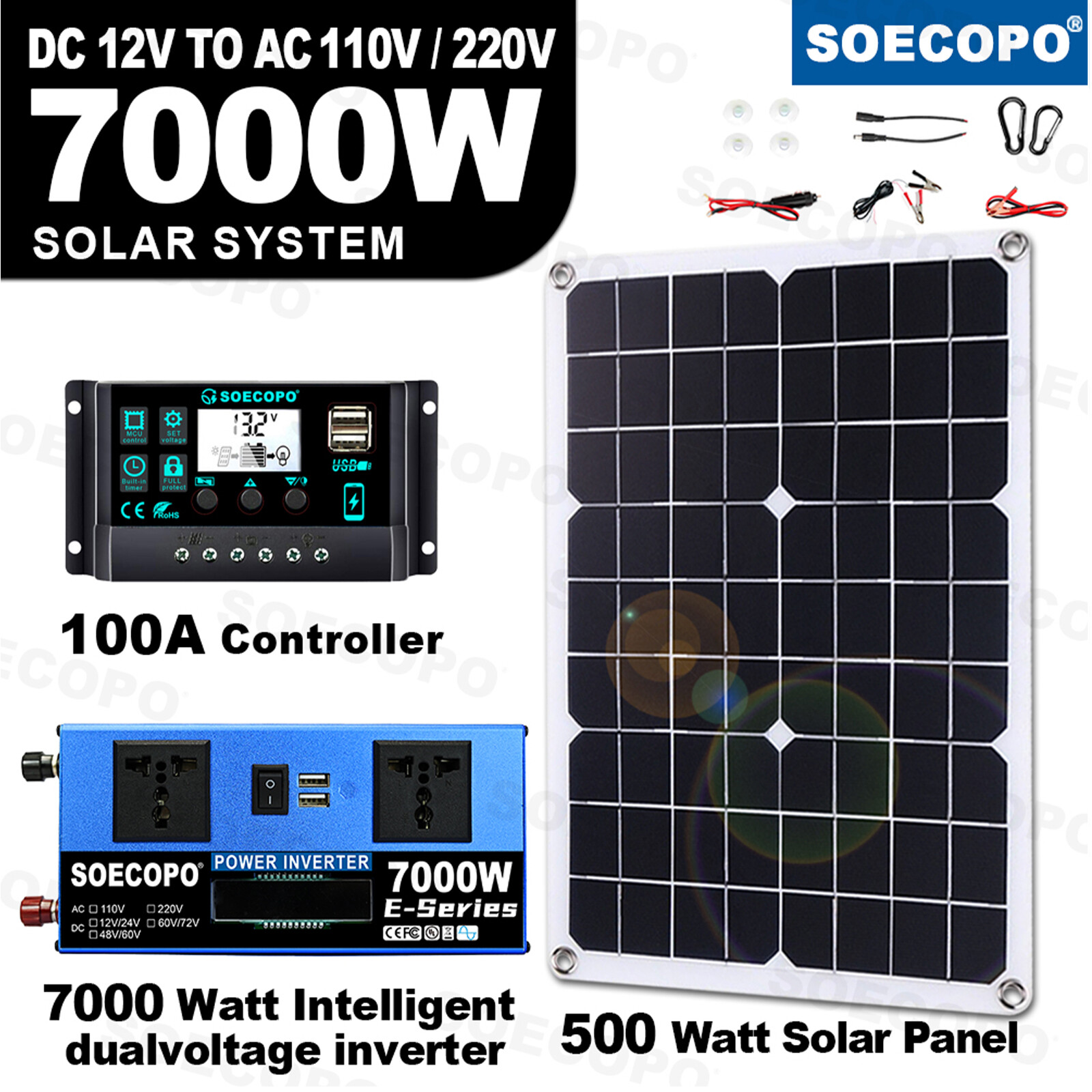 7000W Complete Solar Panel Kits Solar Power Generator 100A Home 110V/220V Syste5