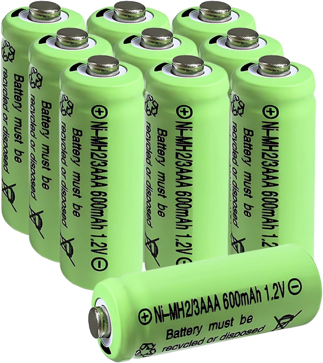 10 Pcs 2/3AAA NIMH Battery 1.2V 600mAh Rechargeable Battery Button Top for