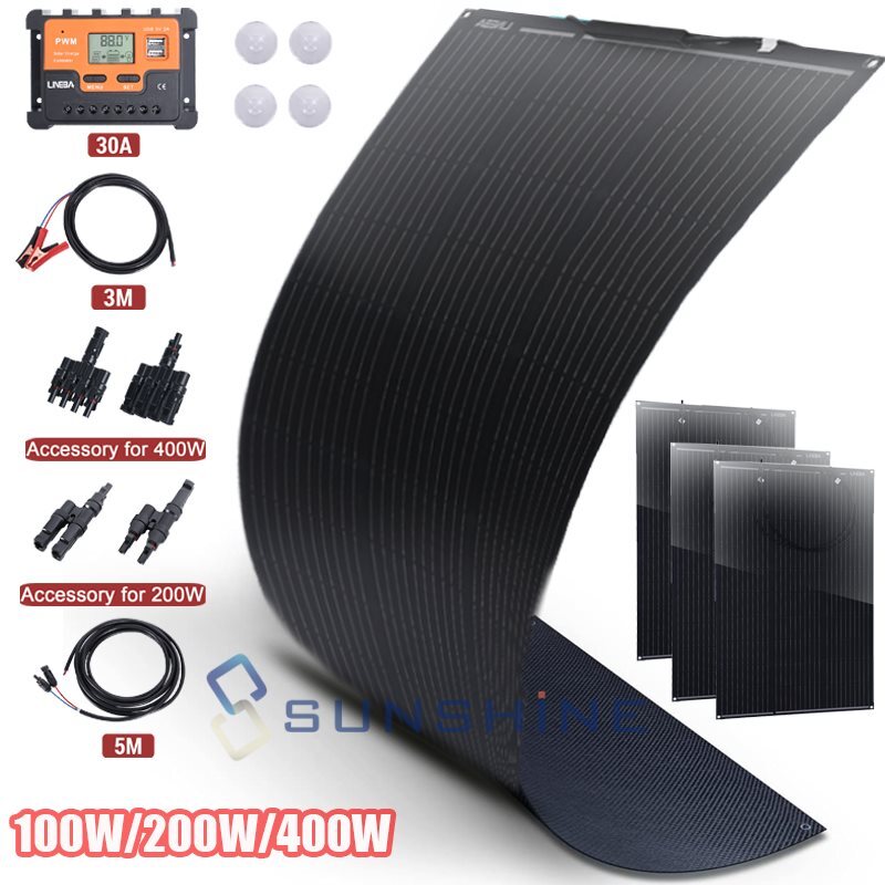 100W 200W 400W Flexible Monocrystalline Solar Panel Kit for RV/Camper/Boat/Home