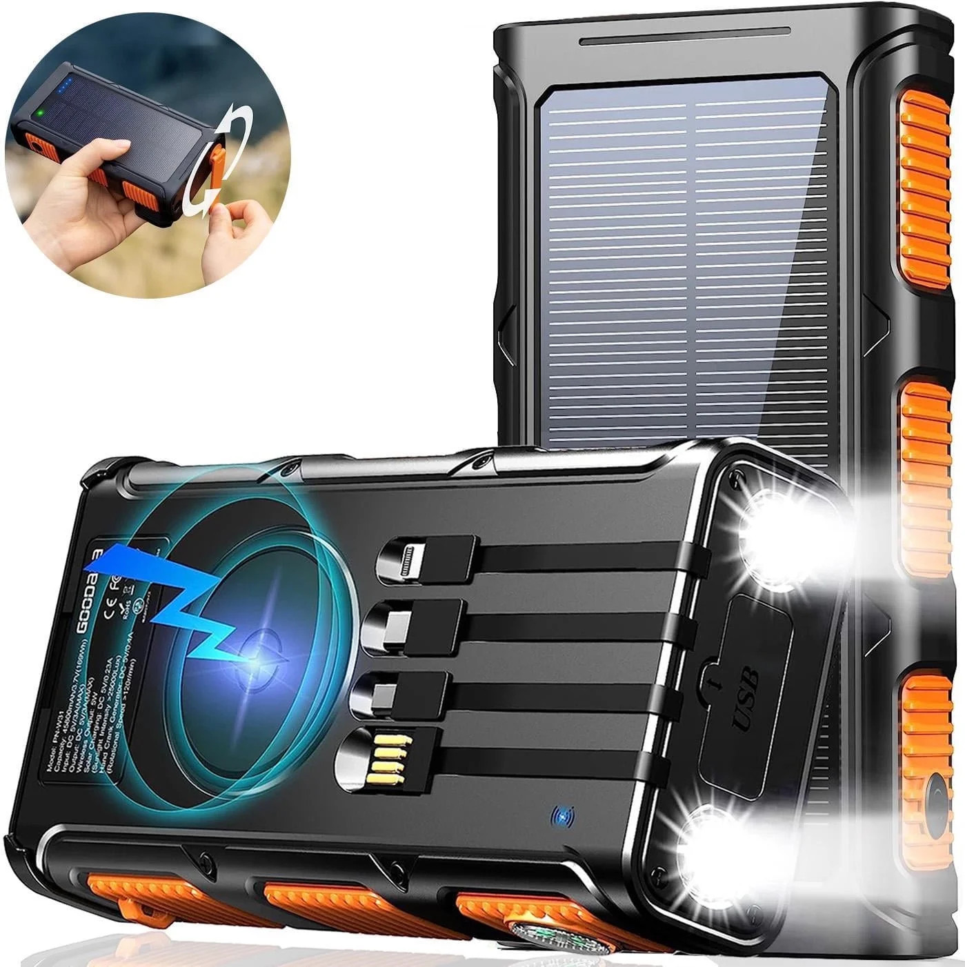 45800mAh Solar Power Bank with Hand Crank, Wireless & Fast Charging