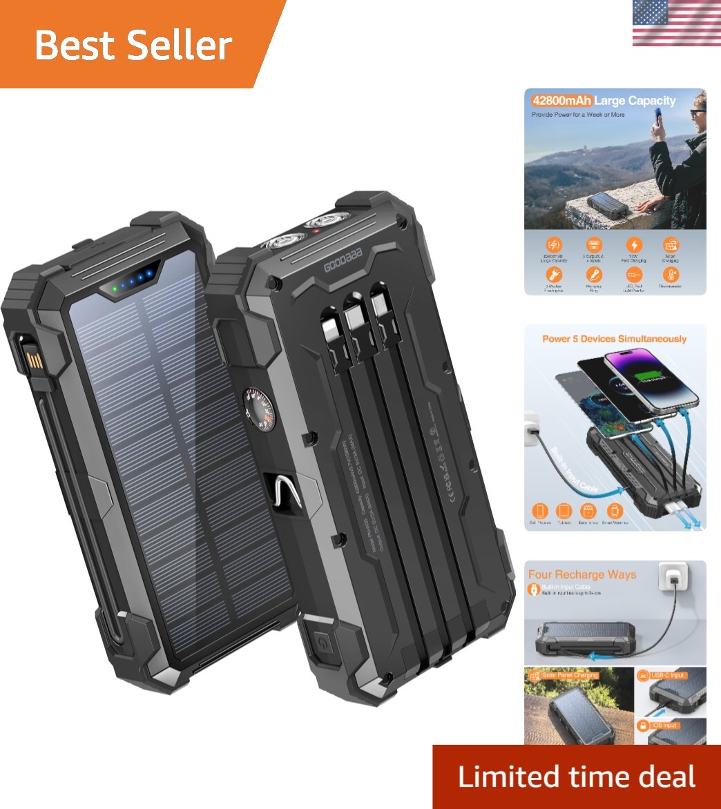 42,800mAh Power Bank – Built-in Cables, Solar Charger, Flashlight & Carabiner
