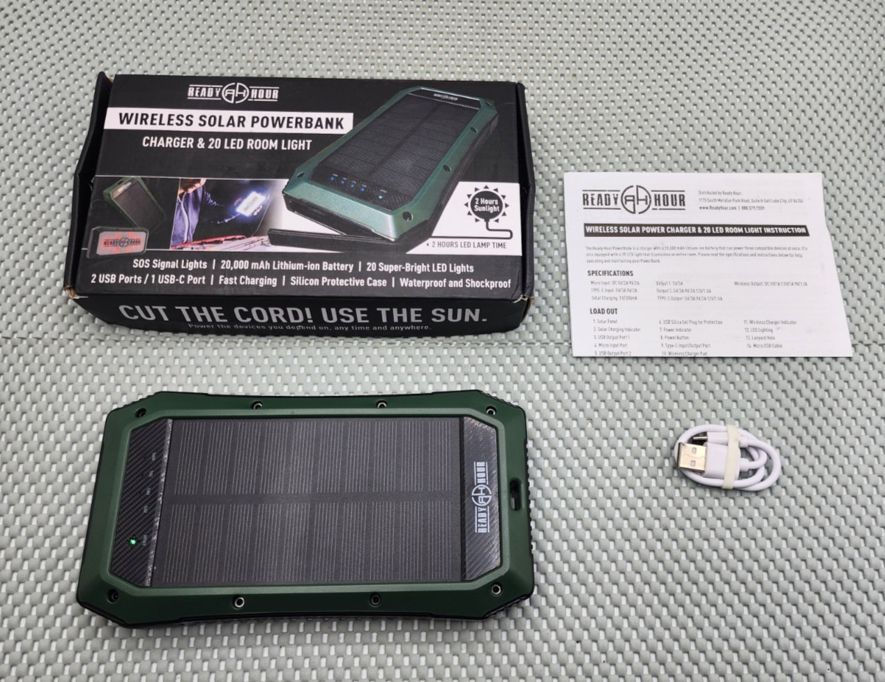 Ready Hour Wireless Solar Power Bank Charger & 20 LED Room Light SOS Signal