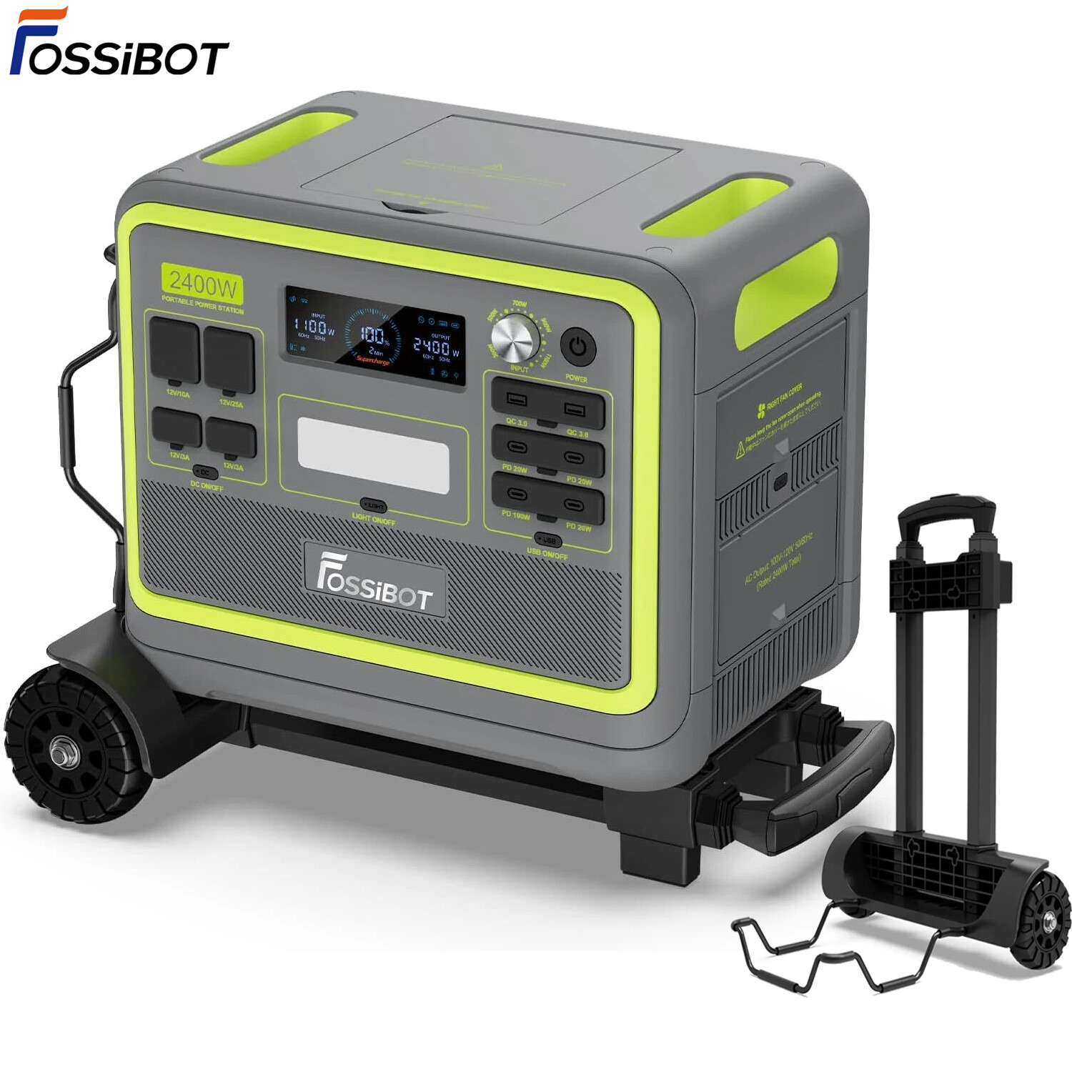 FOSSiBOT 2400W 2048Wh Portable Power Station Solar Generator +Folding Hand Truck