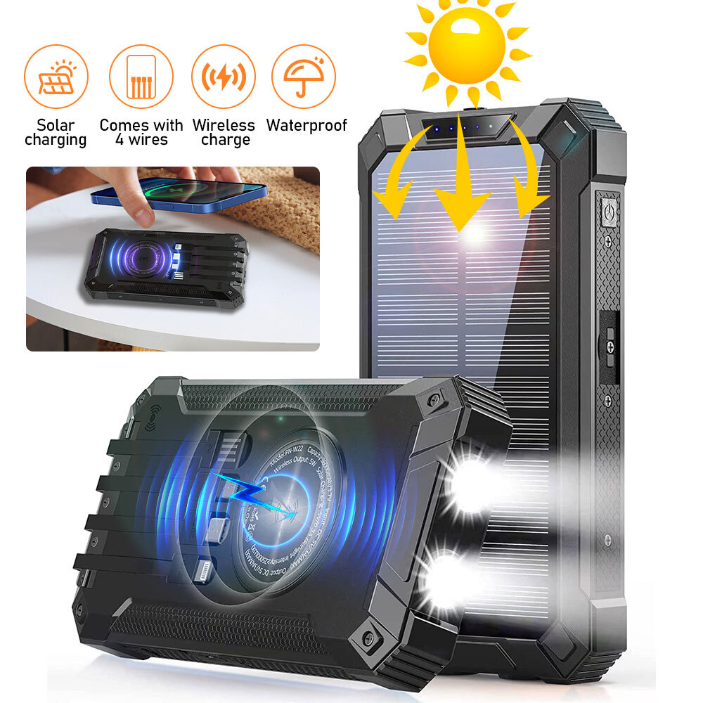 Solar Wireless Power Bank 36000mAh Fast Charger built in 4 Cables & Flashlight