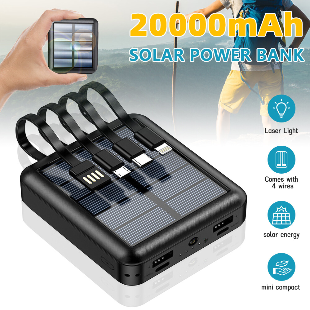 Portable 20000mAh Solar Power Bank Phone Charger w/Flashlight Built in 4 Cables