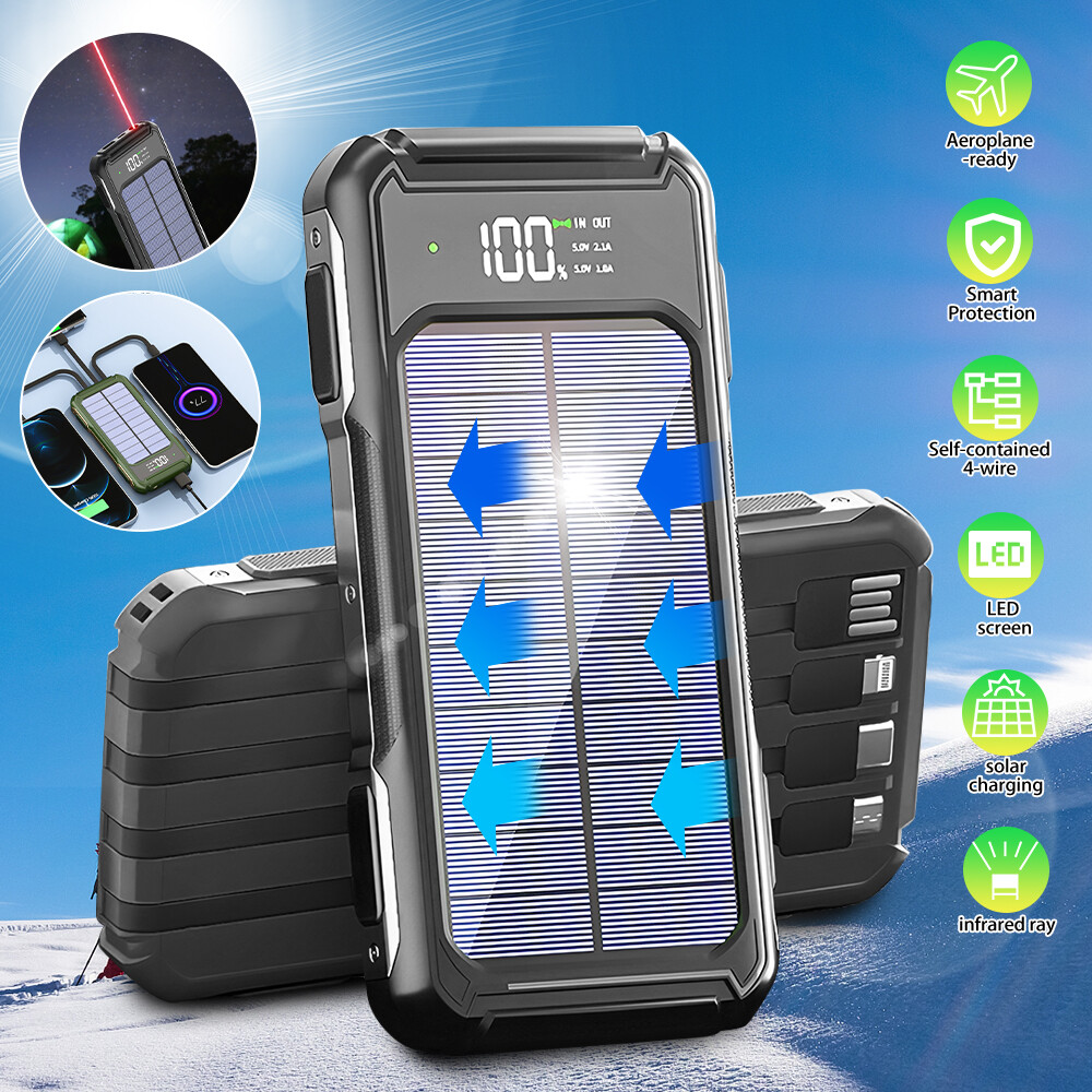 20000mAh Solar Power Bank LED Portable Charger For Cell Phone LED Light 4 Cables
