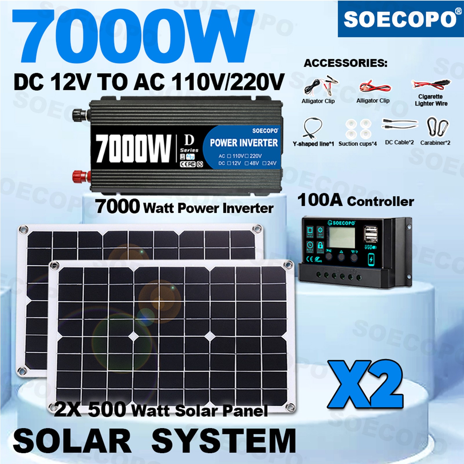 7000W Solar Inverter Kit  2pcs Solar Panels & Controller | 110V/220V