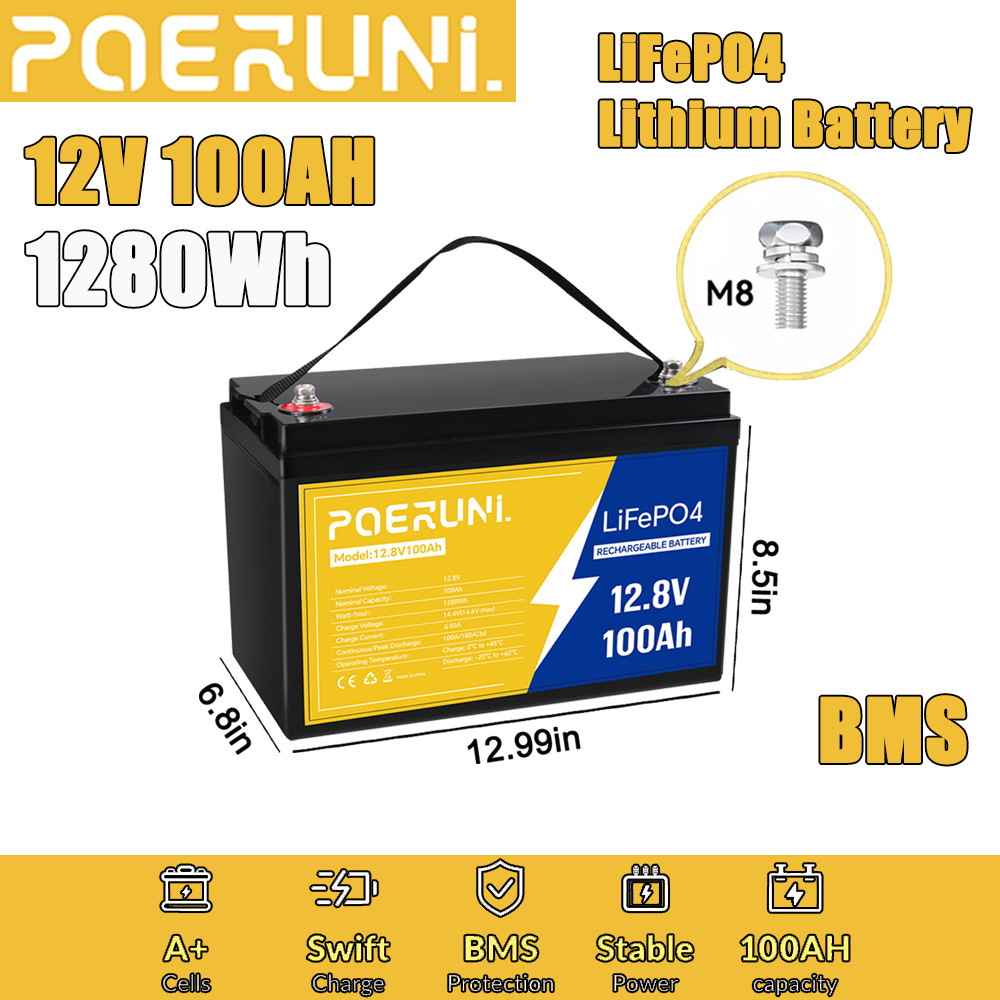 12V 100Ah LiFePO4 Lithium Battery 12V 100Ah Deep Cycle BMS for Solar RV Marine