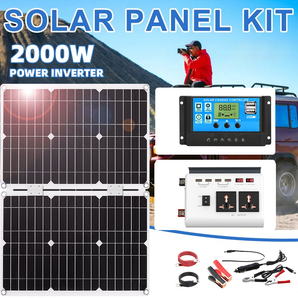 3000W Inverter Complete Solar Panel Kit + Solar Charger Controller Home RV 110V