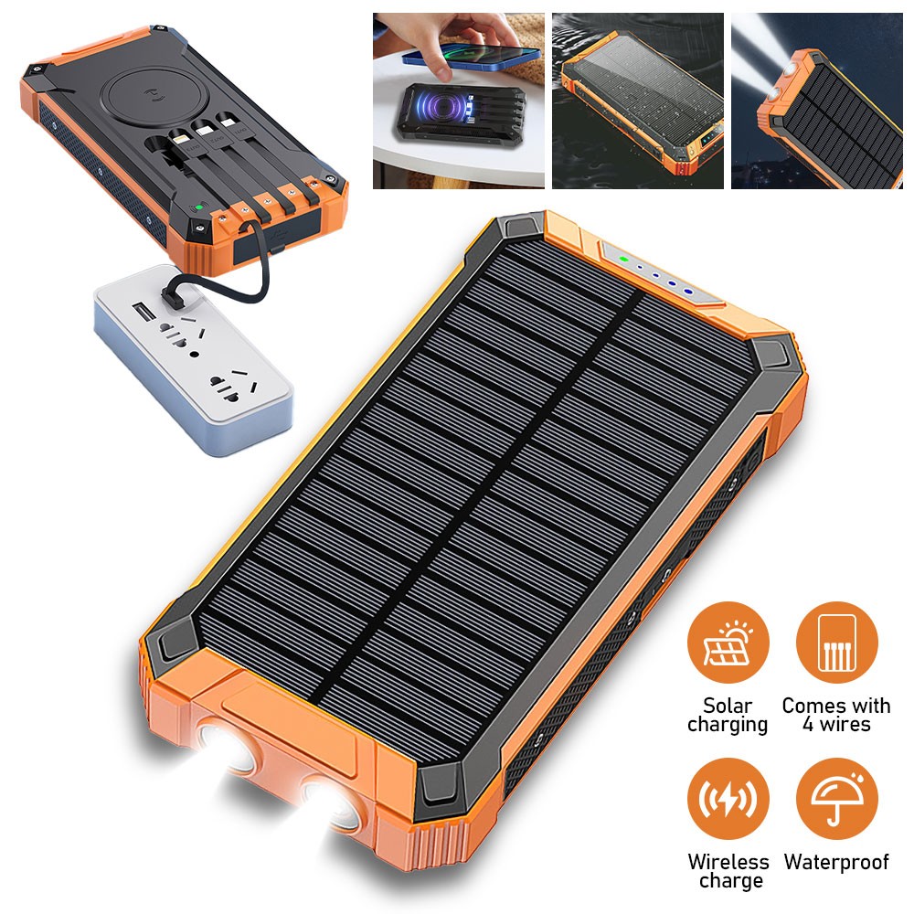 36000mAh Wireless Solar Power Bank Battery Fast Charger Universal With 4 Cable