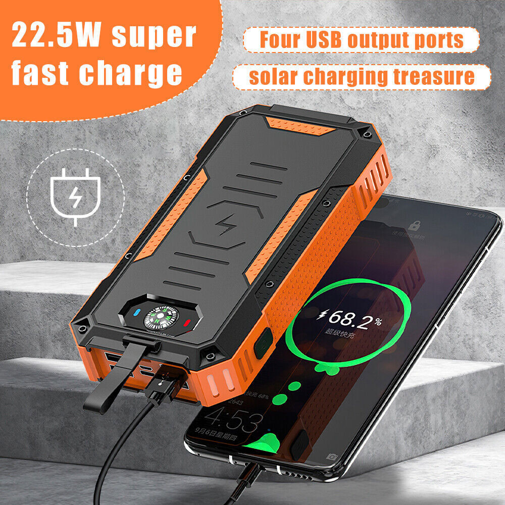 30000mAh Wireless Solar Power Bank 4 USB Backup External Battery Fast Charger