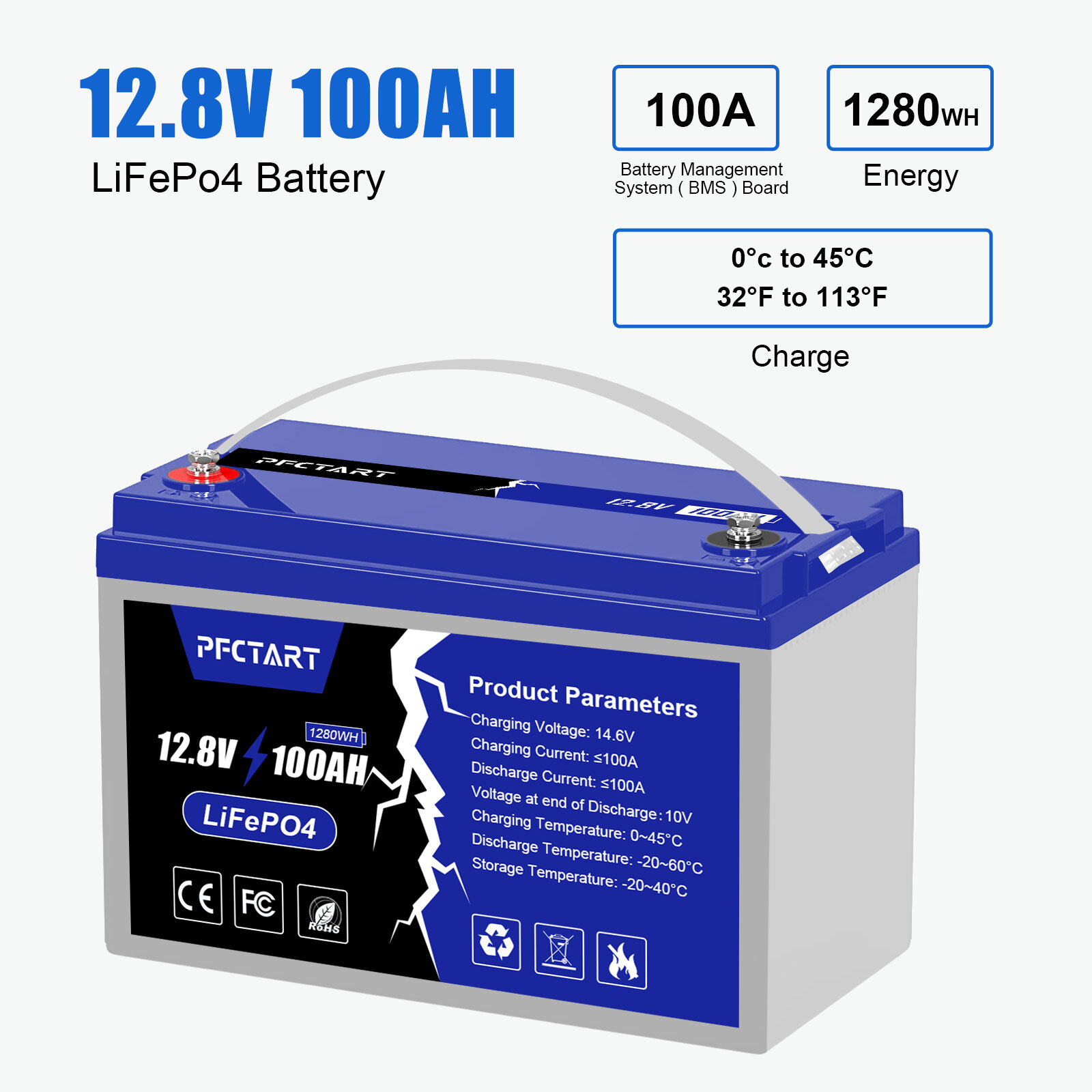 PFCTART 12V 100Ah LiFePO4 Cell Lithium Deep Cycle Battery for RV Solar System US