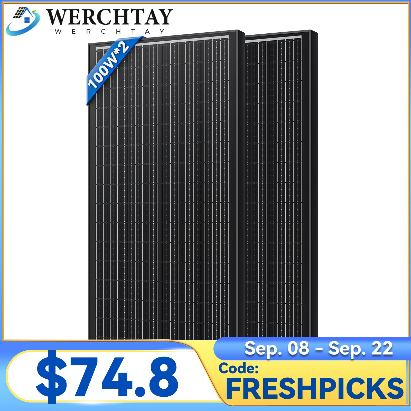 100W Watt Solar Panel Mono Black 2Pack 12V/24V for Sunshed RV Home Boat Off-Grid