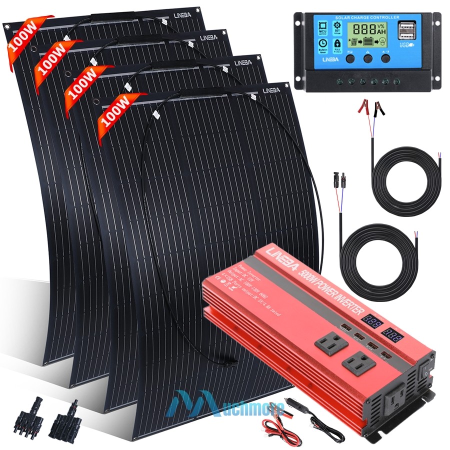 200W 400W Flexible Solar Panel Kit Home RV Rooftop Off-Grid+5000W Power Inverter