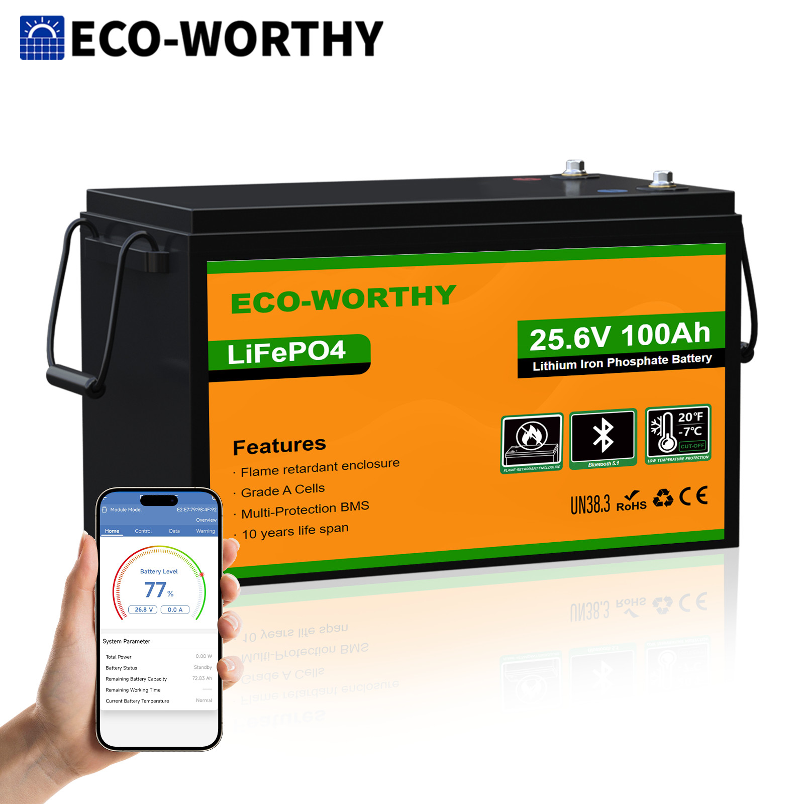 ECO-WORTHY 24V 100Ah LiFePO4 Lithium Battery Bluetooth Low-Temp For Home RV