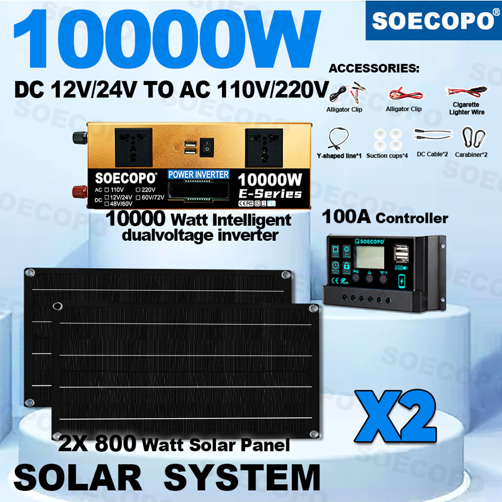 10000W Solar Kit | w/ Efficient Inverter, 2pcs Solar Panels, 100A Controller