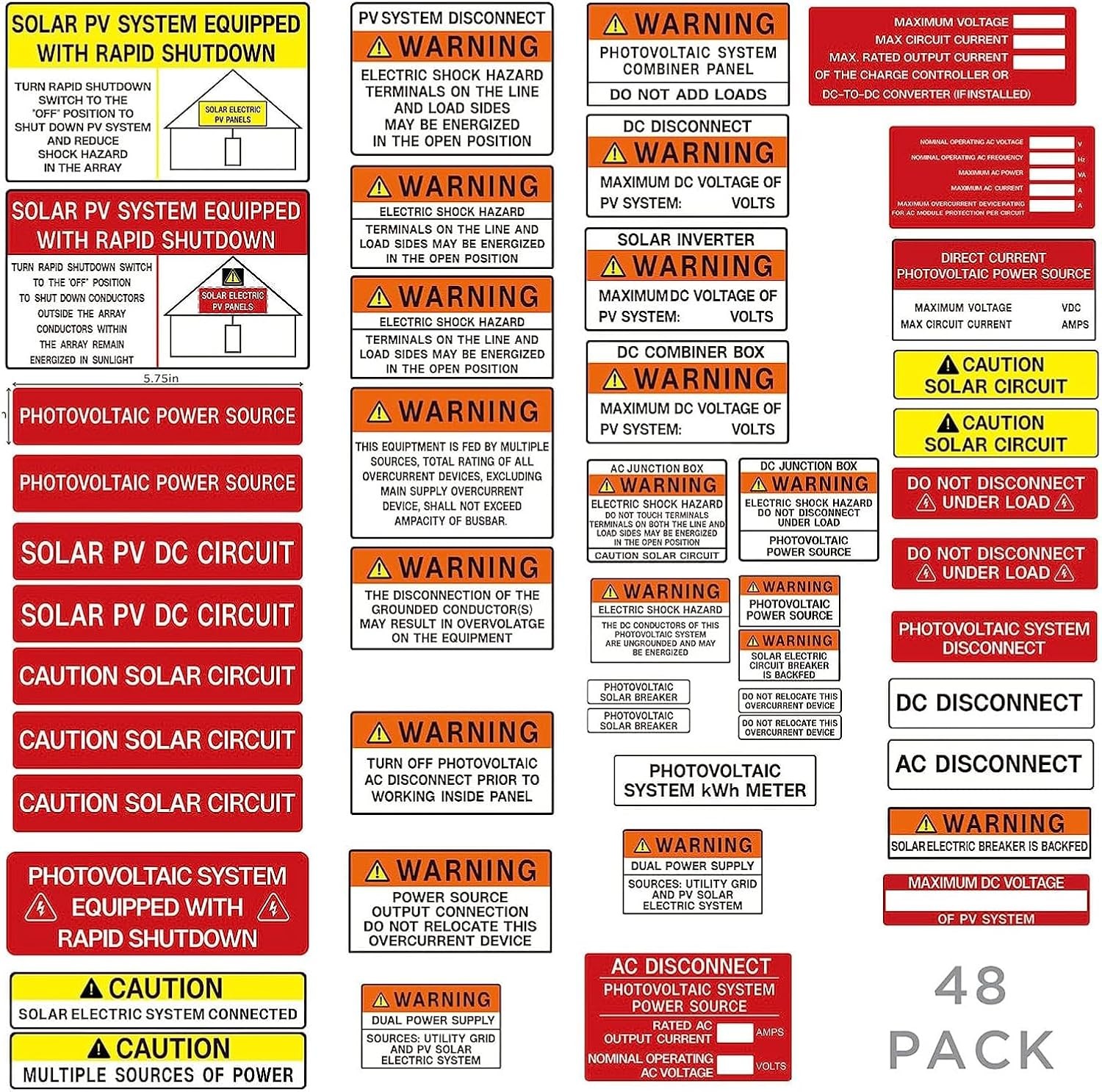 48 Pack PV Solar System Install Label Kit,Photovoltaic Safety Stickers,Photovolt