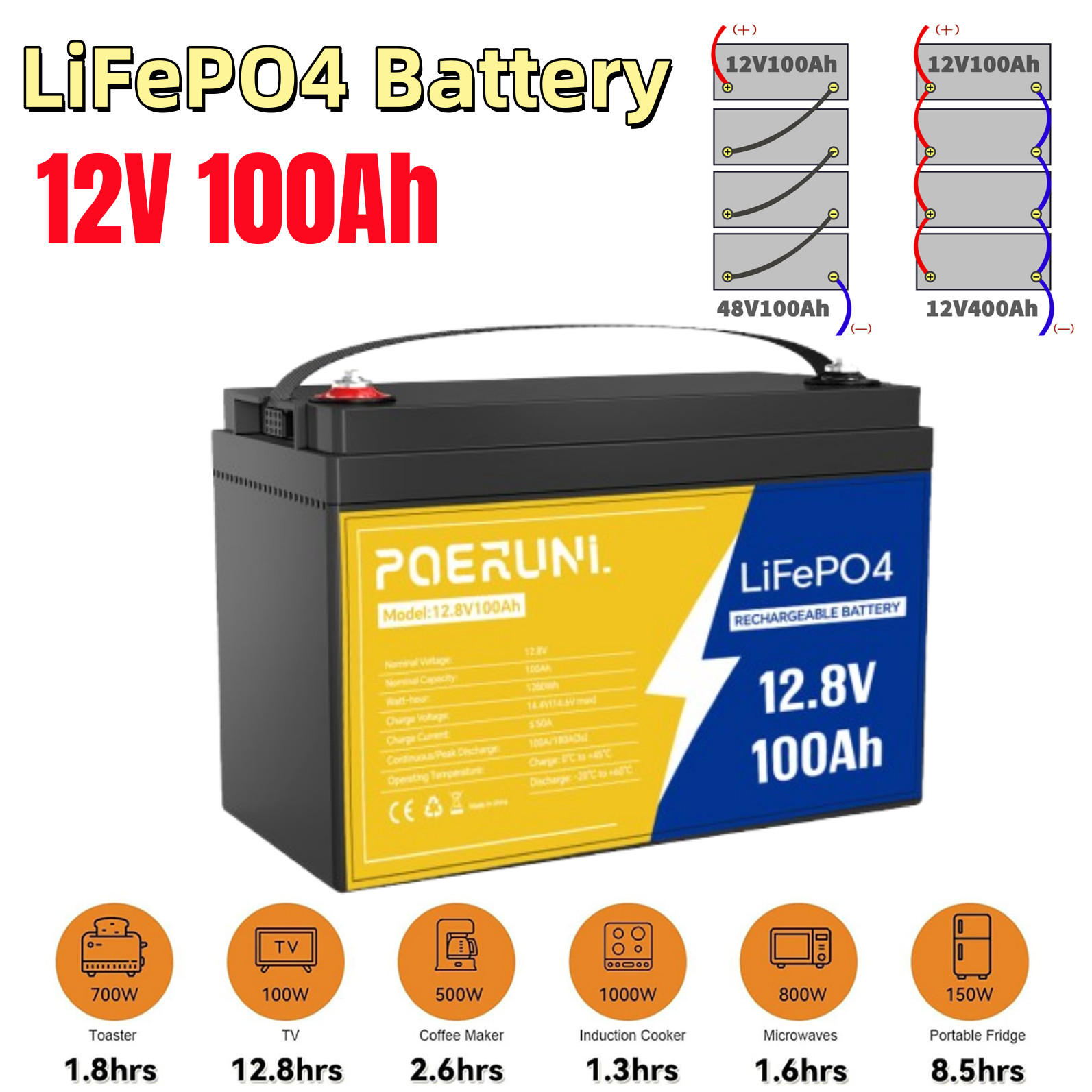 100Ah 12V LiFePO4 Lithium Battery 100Ah 1280Wh BMS 8000+ Cycles For Solar Marine