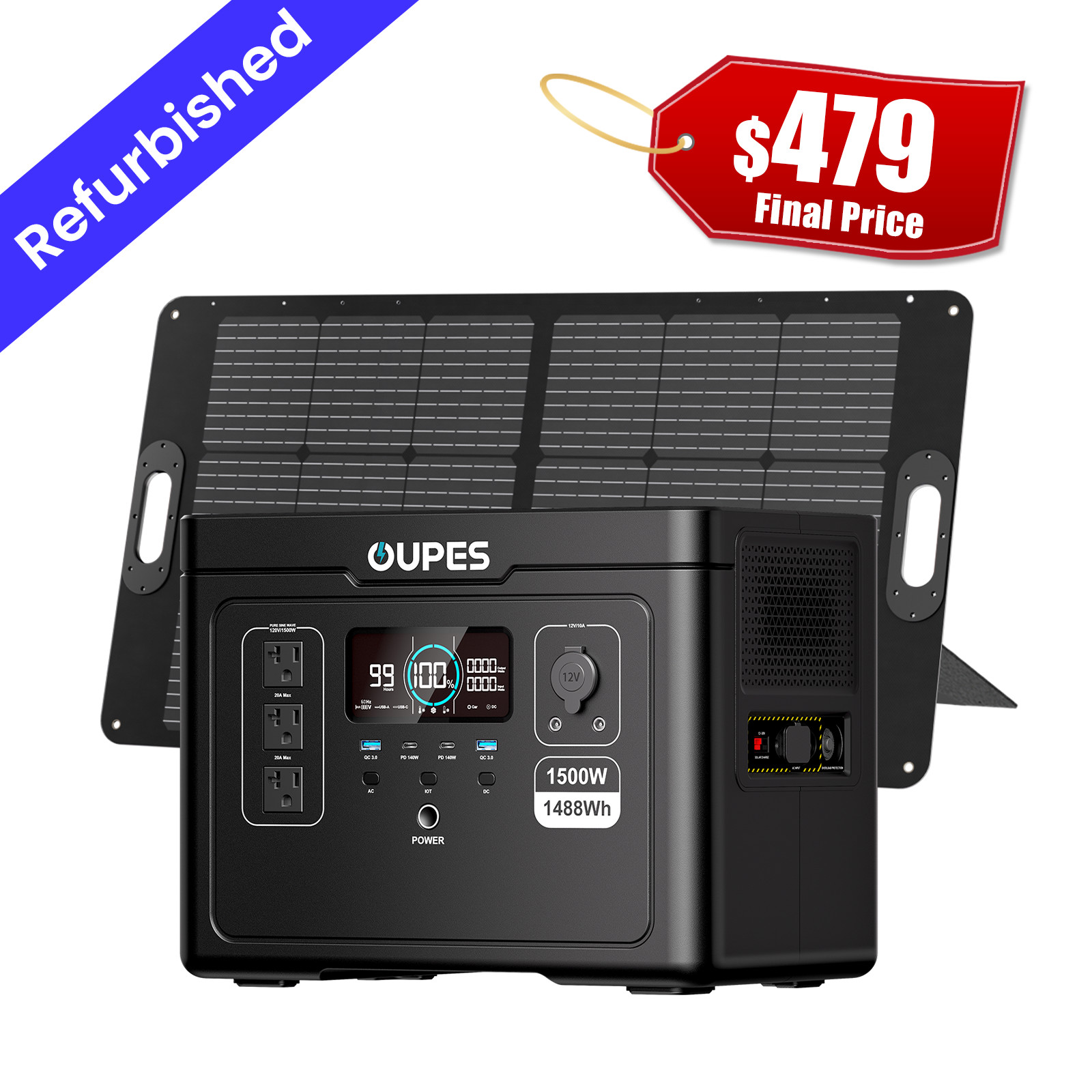 OUPES Exodus 1500 Power Station 1500W/1488Wh+100W Solar Panel Solar Generator RV