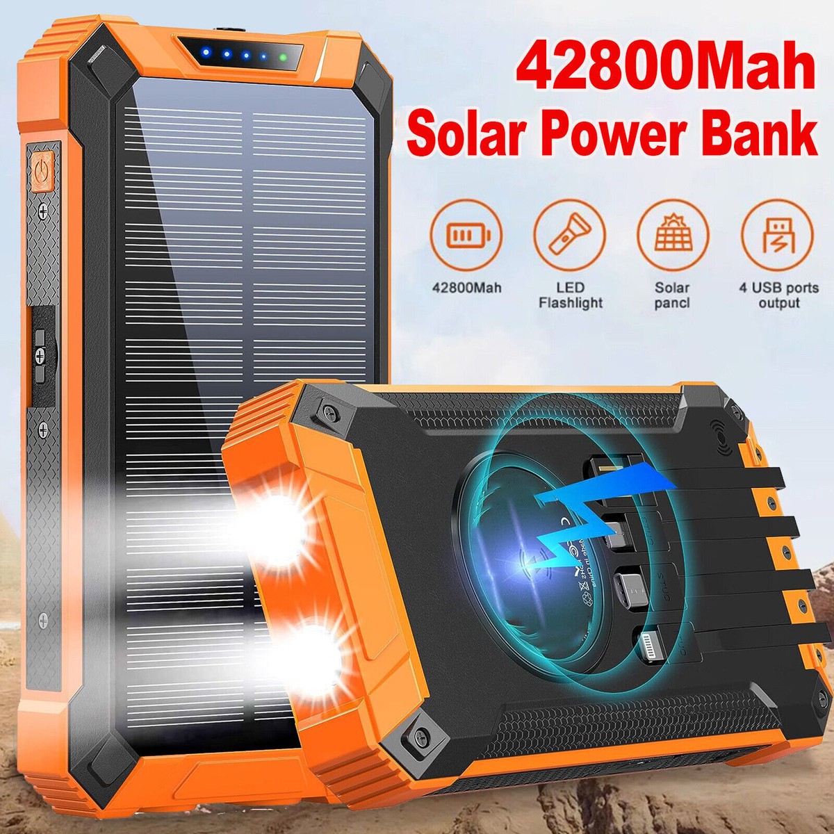 42800mAh Wireless Charger Solar Power Bank With 2 Flashlight Built-in 4 Cables