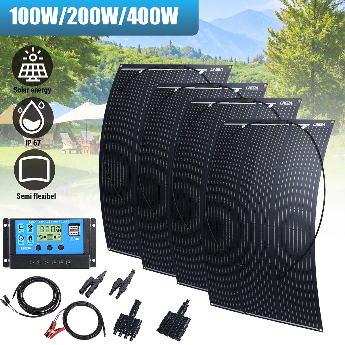 100W 200W 400W Solar Panel Kit 12V Mono RV Campervan Caravans boat van
