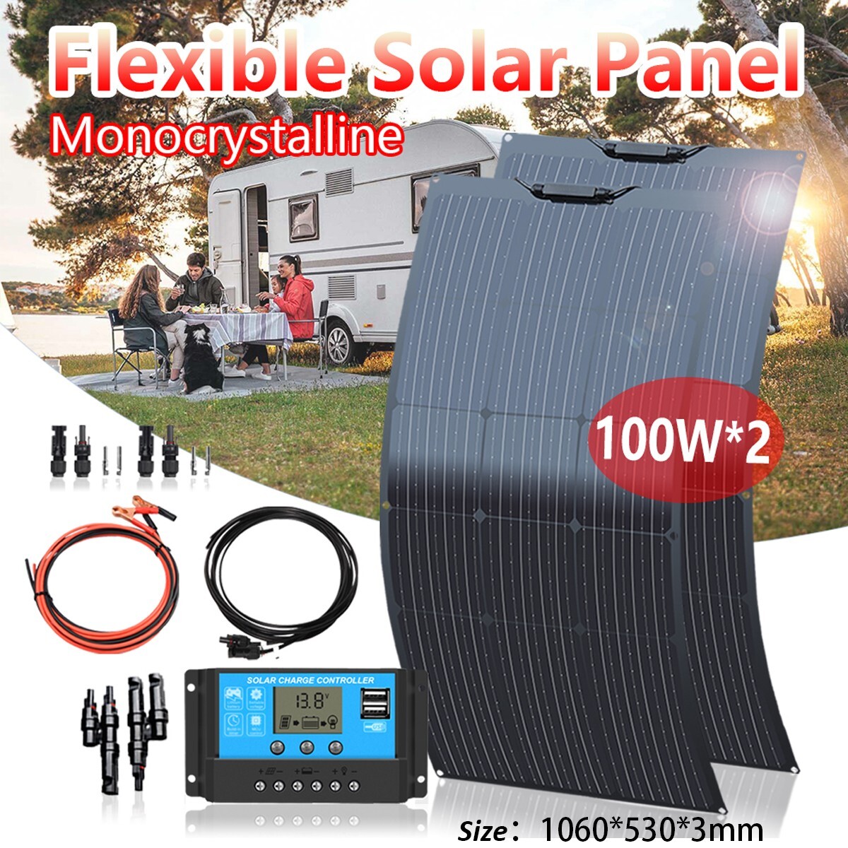 2*100w 200w Flexible Portable Solar Panel Kit for Home/Caravan/RV/Boat