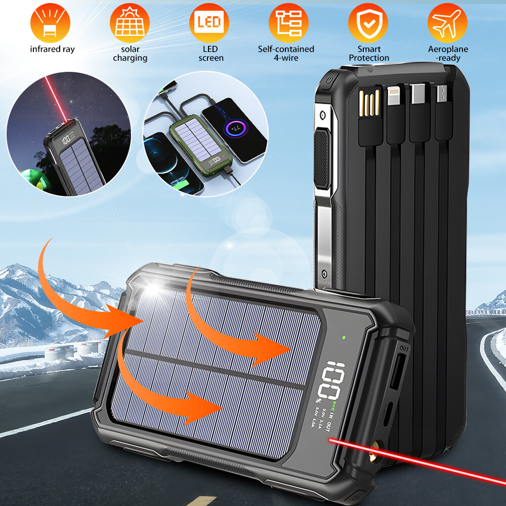Super 40000mAh 4-USB Portable Charger Solar Power Bank w/ 4 Cables & Laser Light