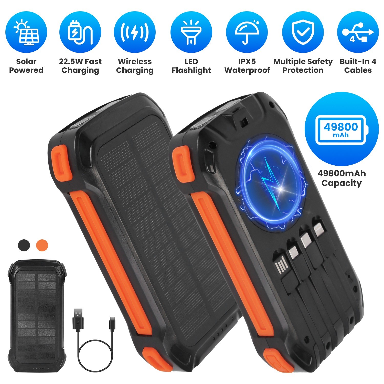 Solar Power Bank Portable Charger Wireless Fast Charging with LED Flashlight