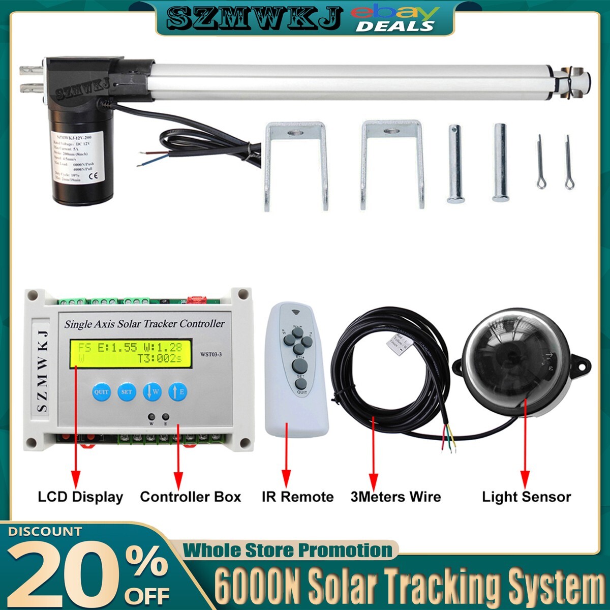 Single Axis Solar Tracking Electronic Controller W/ 6000N 18″ DC Linear Actuator