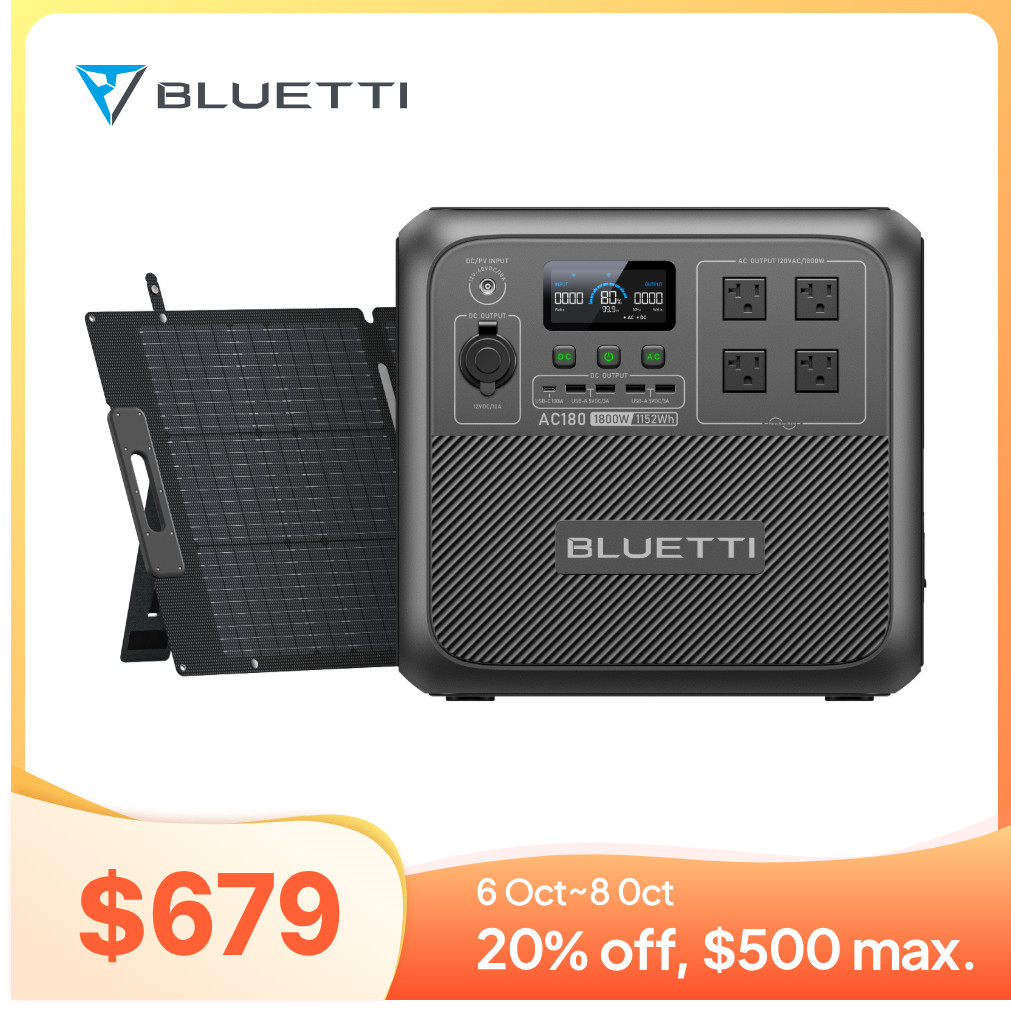 BLUETTI AC180 1800W 1152Wh Solar Generator +200W Solar Panel MPPT Charge Control