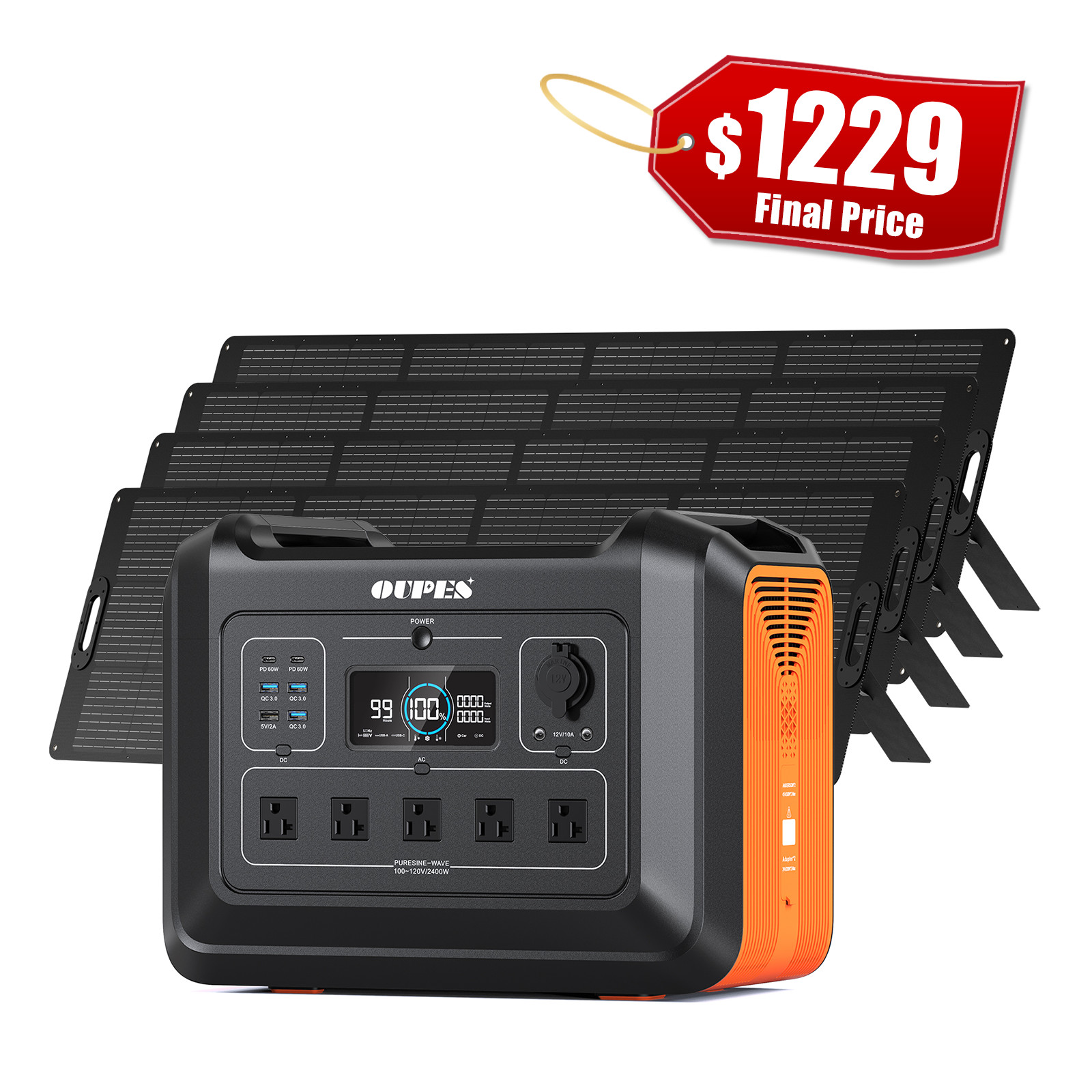 OUPES 2232Wh Power Station 2400W Solar Generator+ 4*240W Solar Panel RV