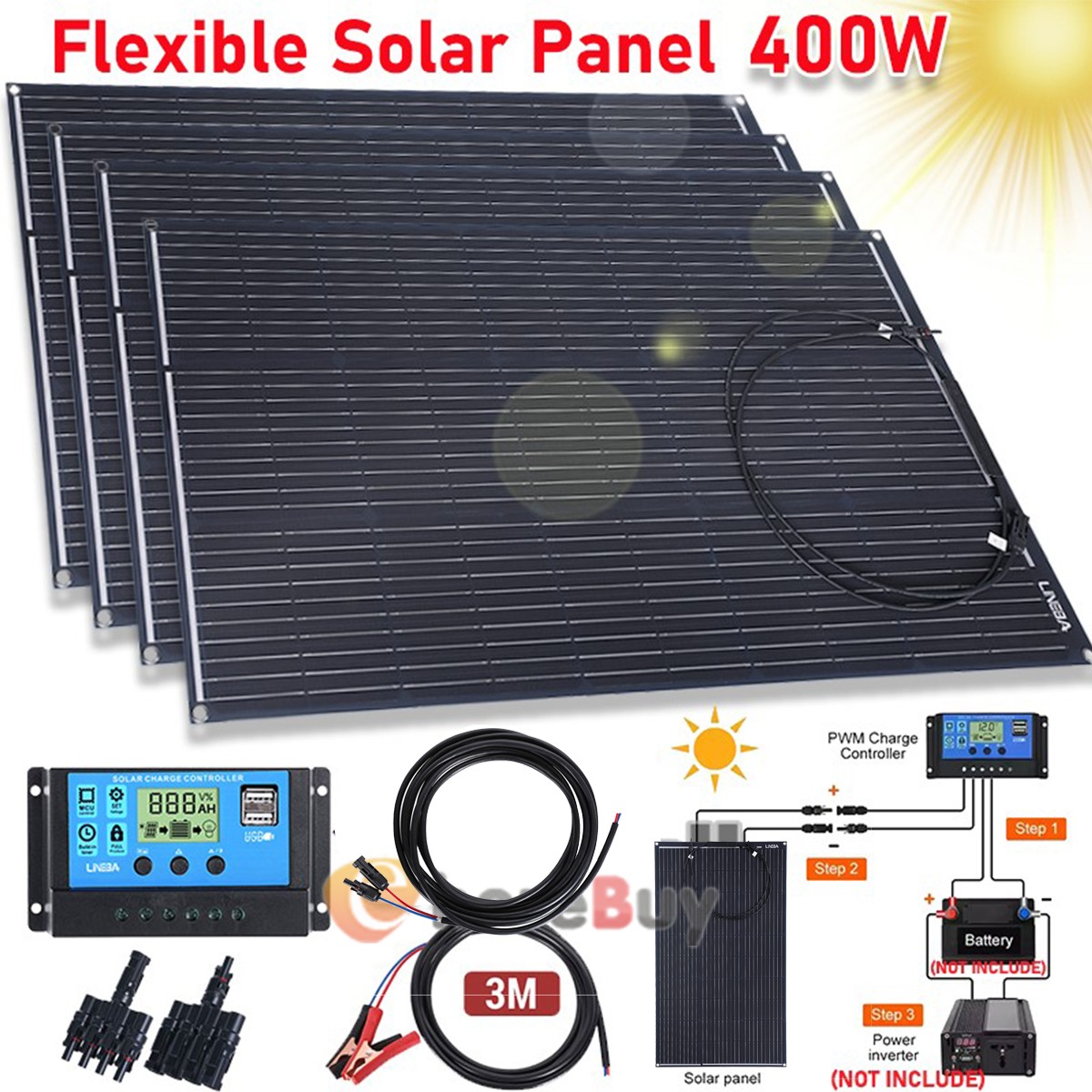 400 Watt 12 Volt Mono Solar Panel for RV, Boat, Pool Home Off-Grid Battery Power