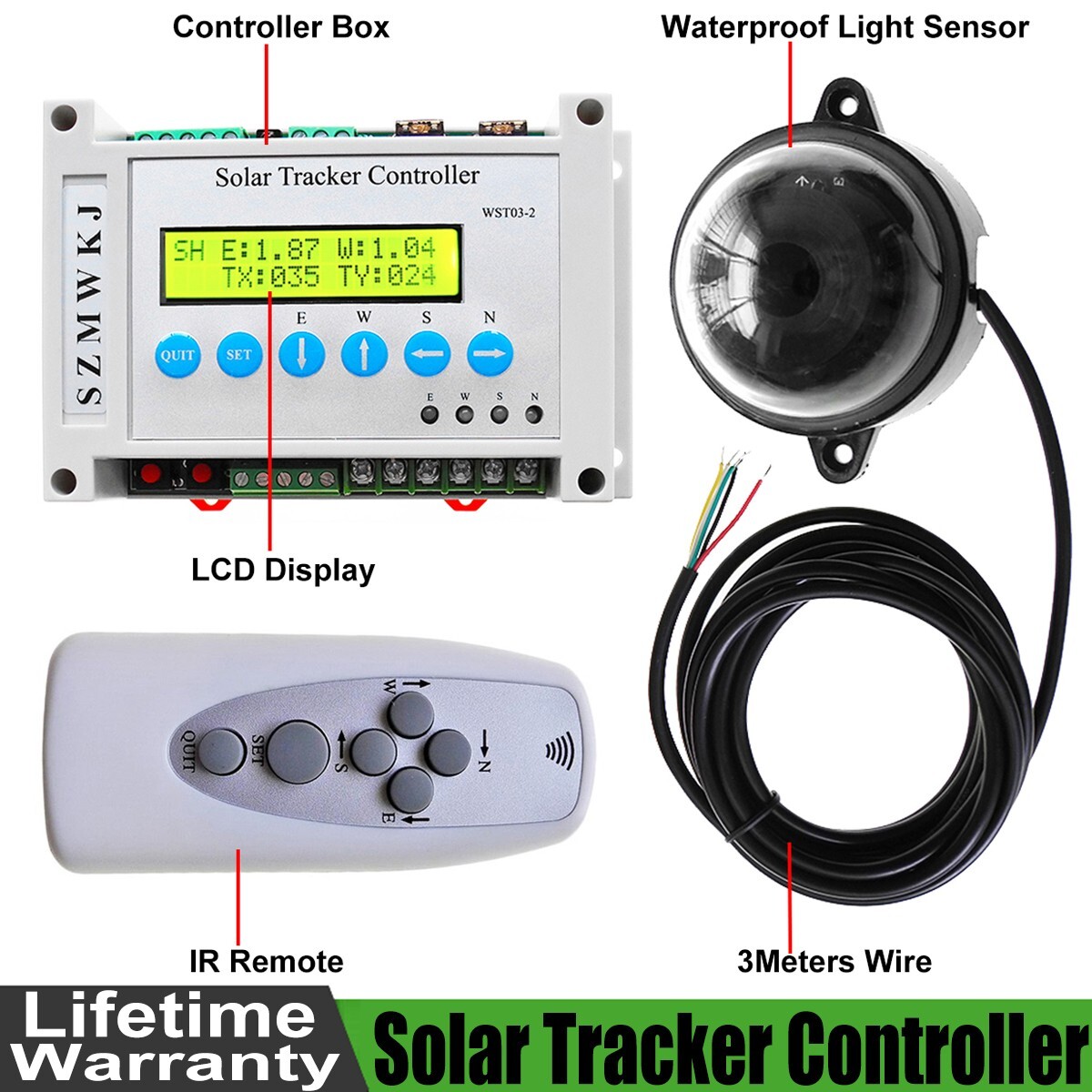 Complete Dual Axis LCD Electronic Solar Panel Tracker Linear Actuator Controller