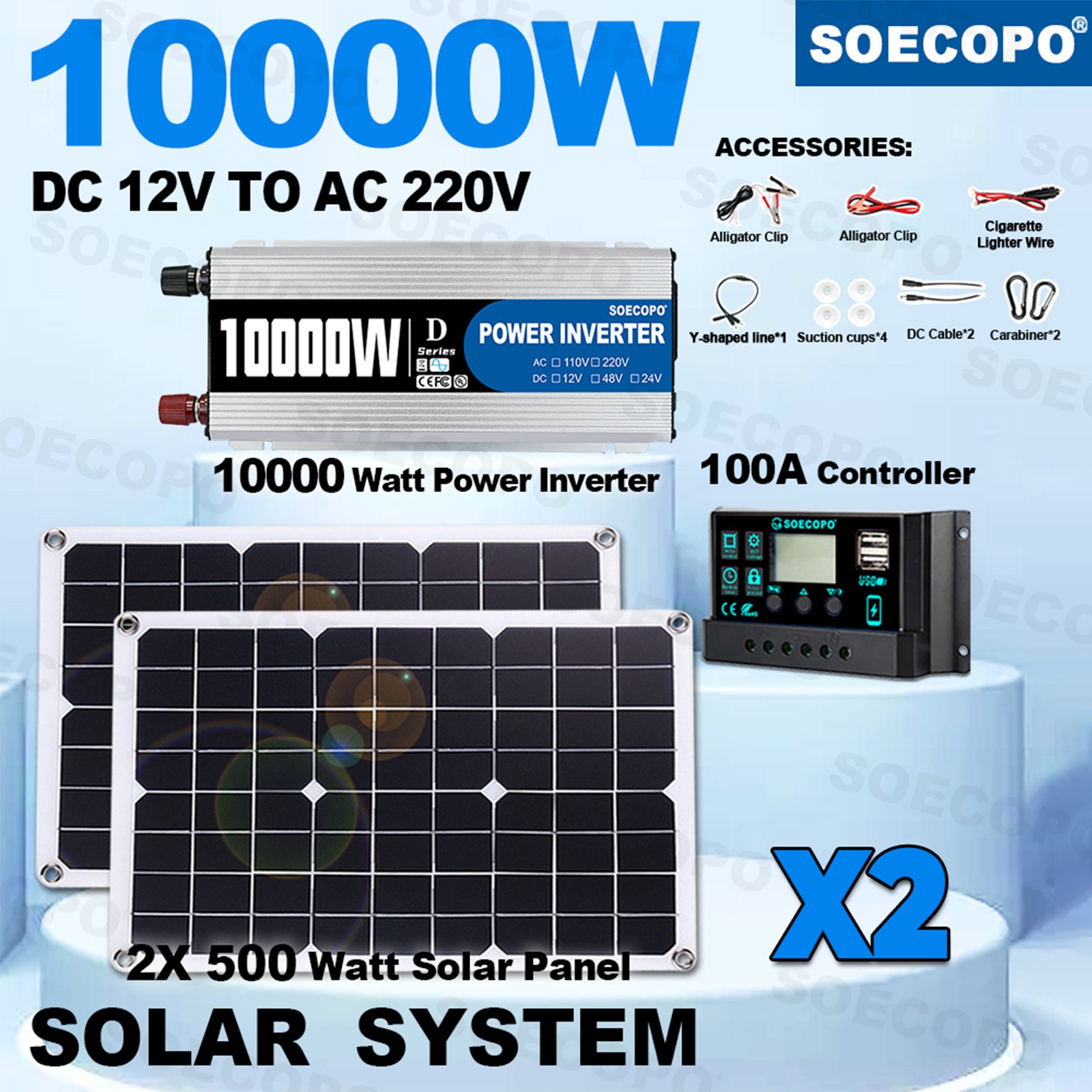 10000W Solar Power Kit 12V-110V/220V + 2pcs Solar Panels + 100A Controller