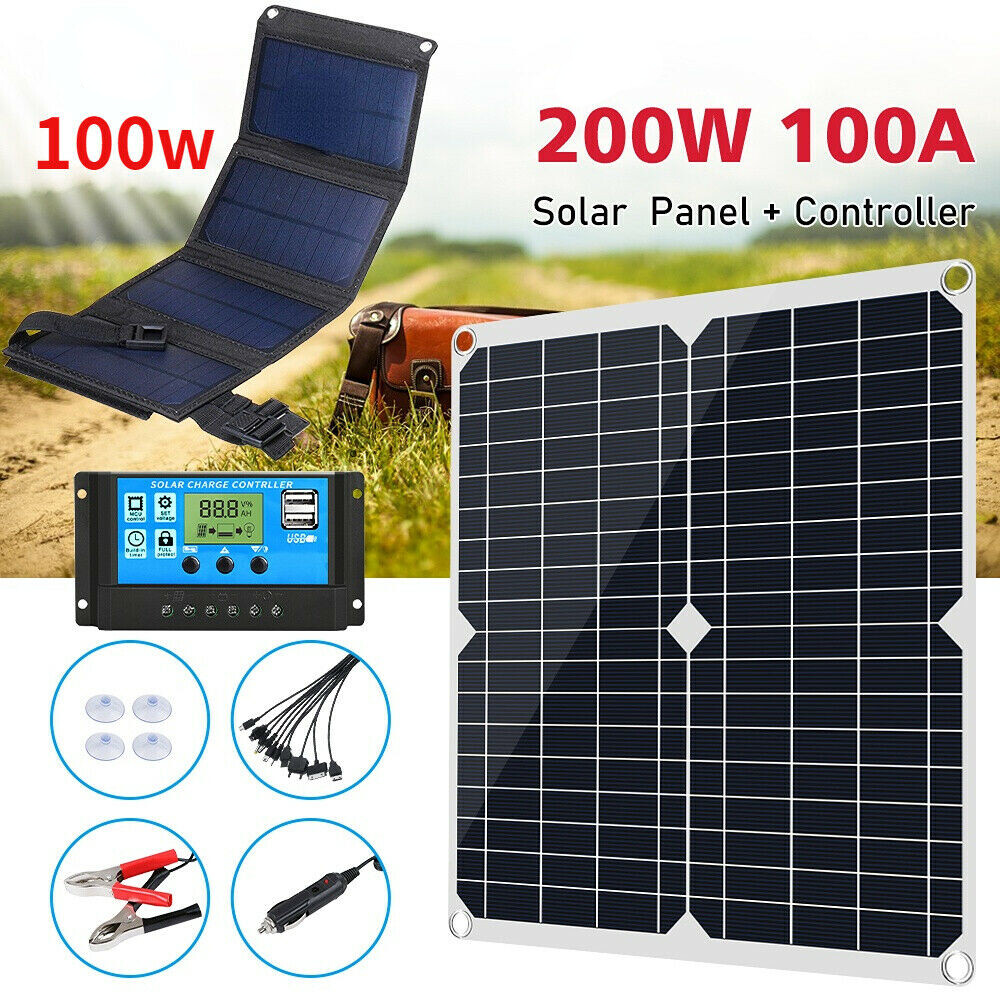 200W Solar Panel Kit 100A 12V Battery Charger Controller RV Boat 100W Solar Pane