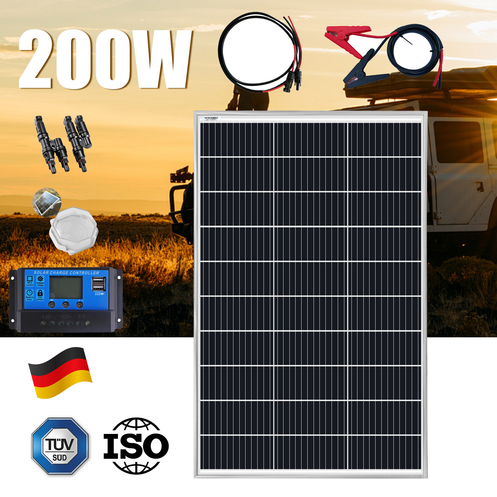200W Watt Mono Solar Panel Kit 12V Battery Charger Home Boat RV Caravan Off-Grid