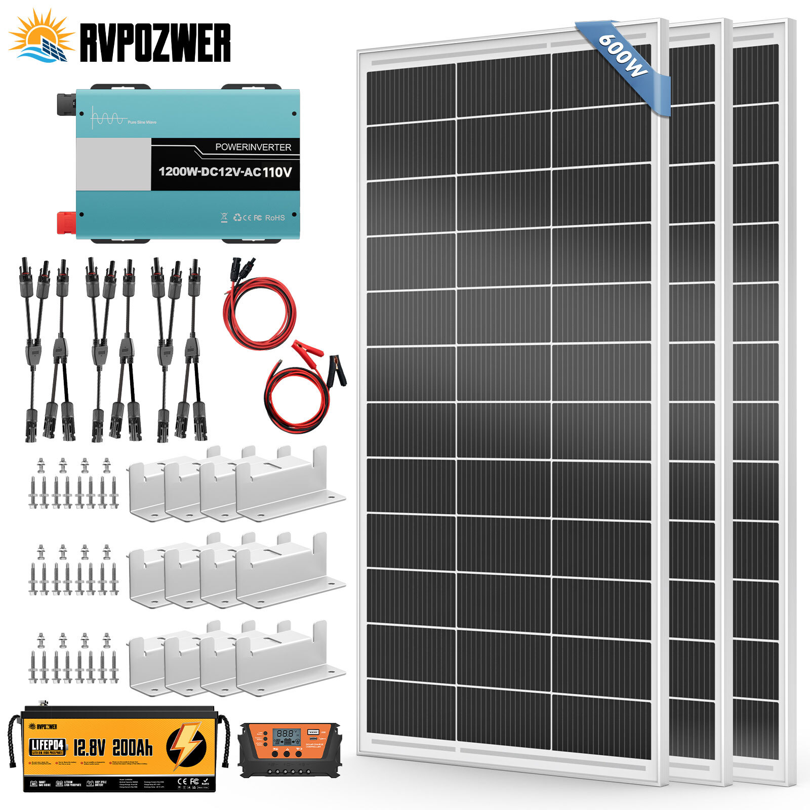 200W 400W 600W 12V Solar Panel Kit Mono Charge RV PV Home 100AH Lithium Battery