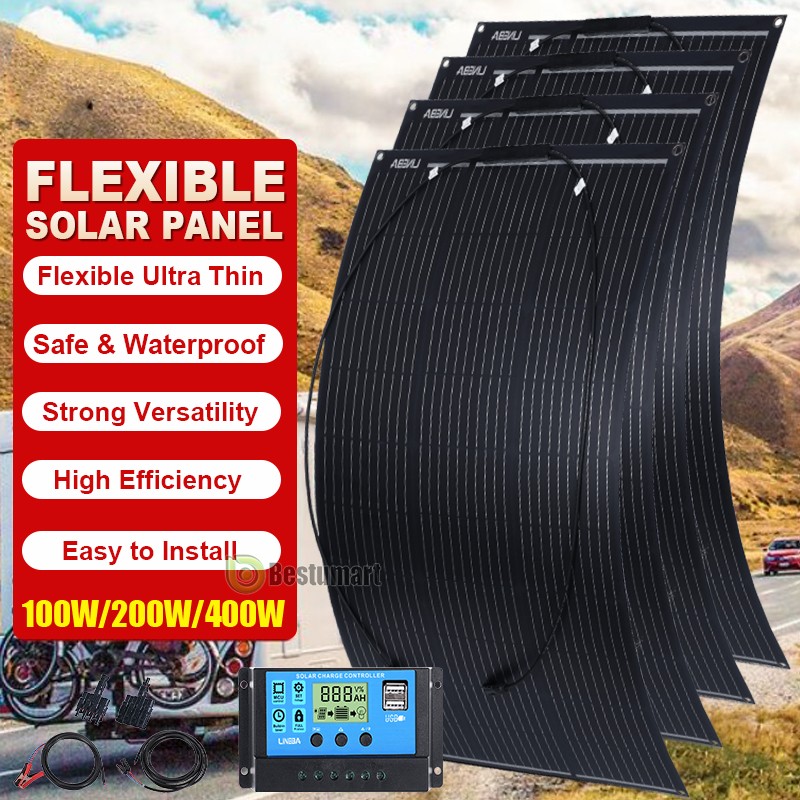 Flexible Solar Panel 200W 400W Bendable Mono 12V Home RV Boat Camper Battery