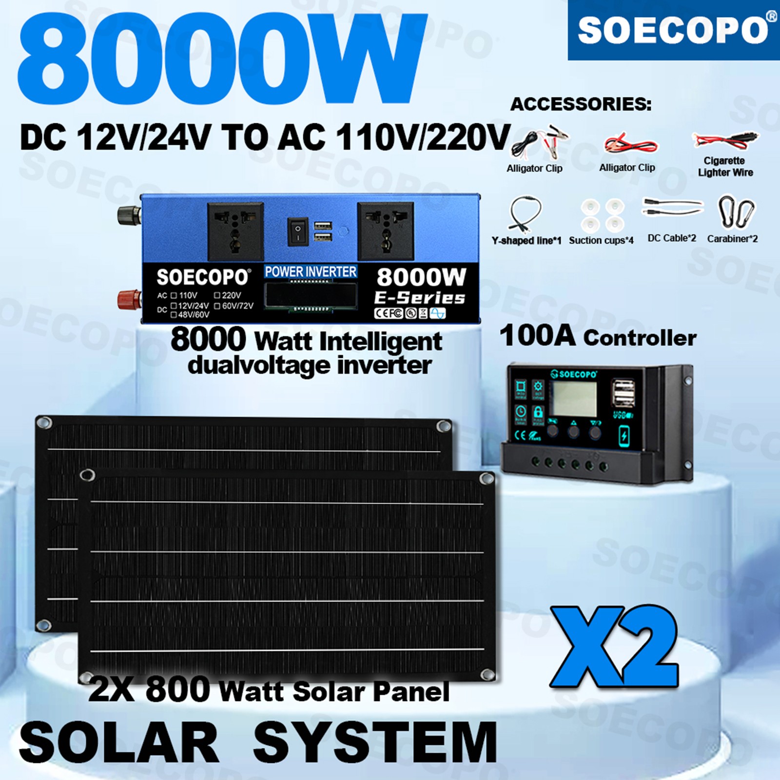 8000W Solar Generator Kit Inverter + 2 Rugged Solar Panels + 100A Controller