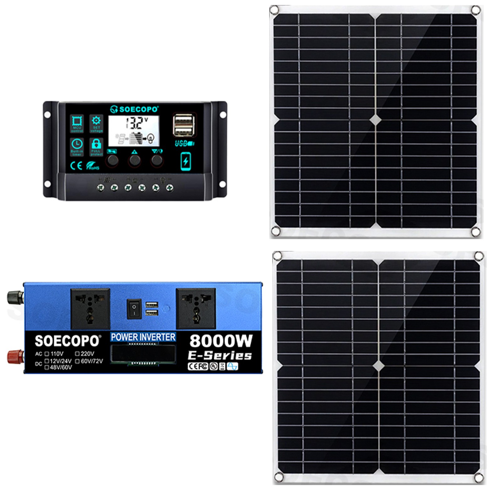 8000W Solar Inverter Kit (12V24V DC to 110V/220V AC) + 2pcs Solar Panels + 100A