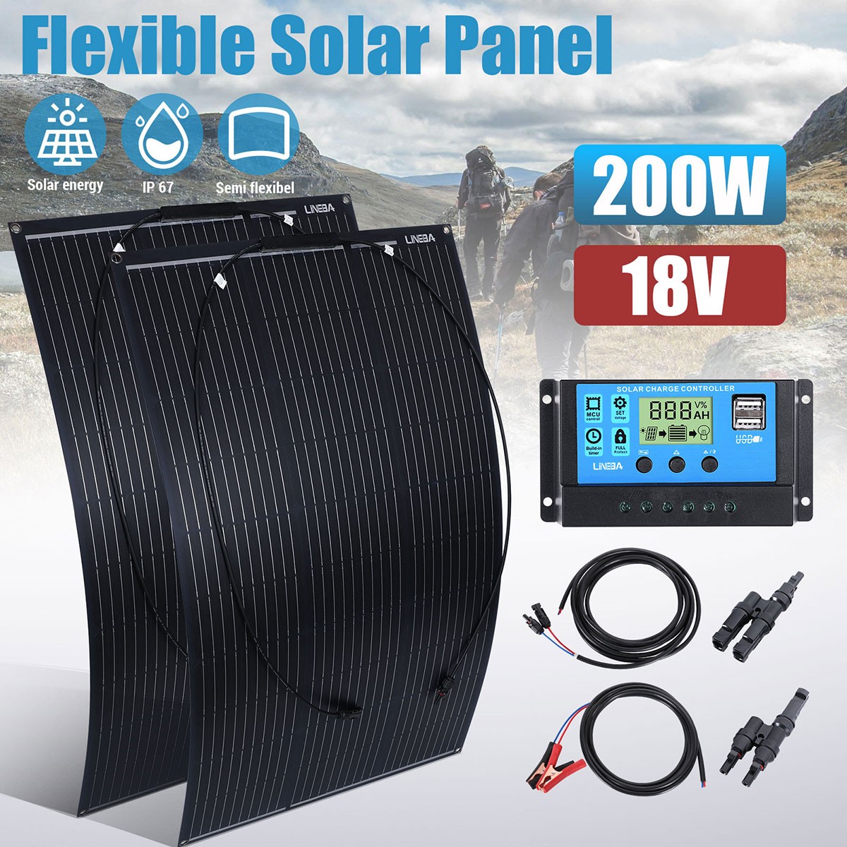 100W 200W 18V Monocrystalline Solar Panel Kit for PV Home Camping 110V Off Grid