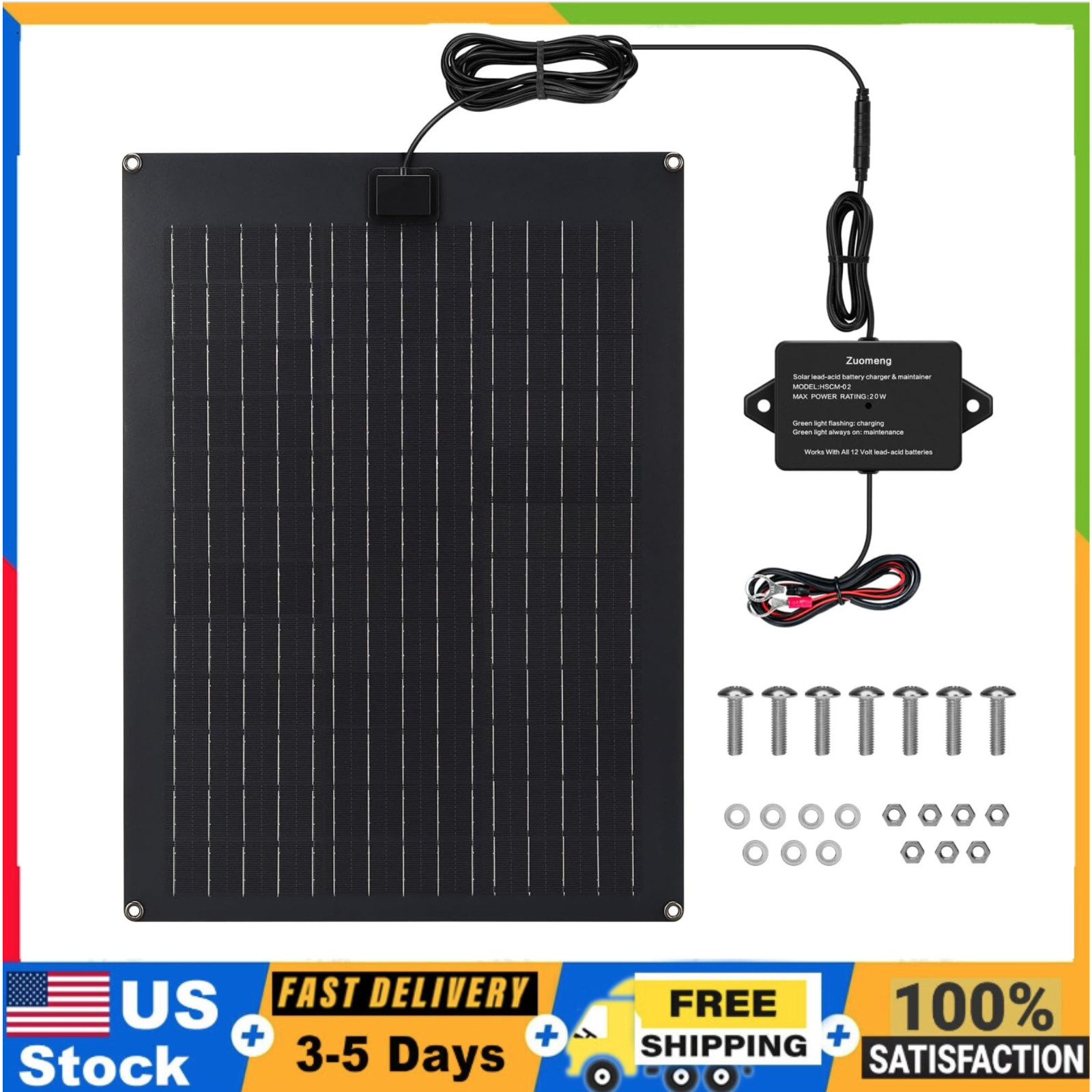 20W Solar Battery Charger Maintainer 12V Panel Kit MPPT Waterproof