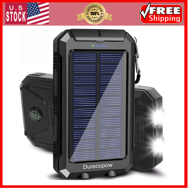 Portable Solar Power Bank 20,000mAh | USB-C, LED Flashlight, Compass
