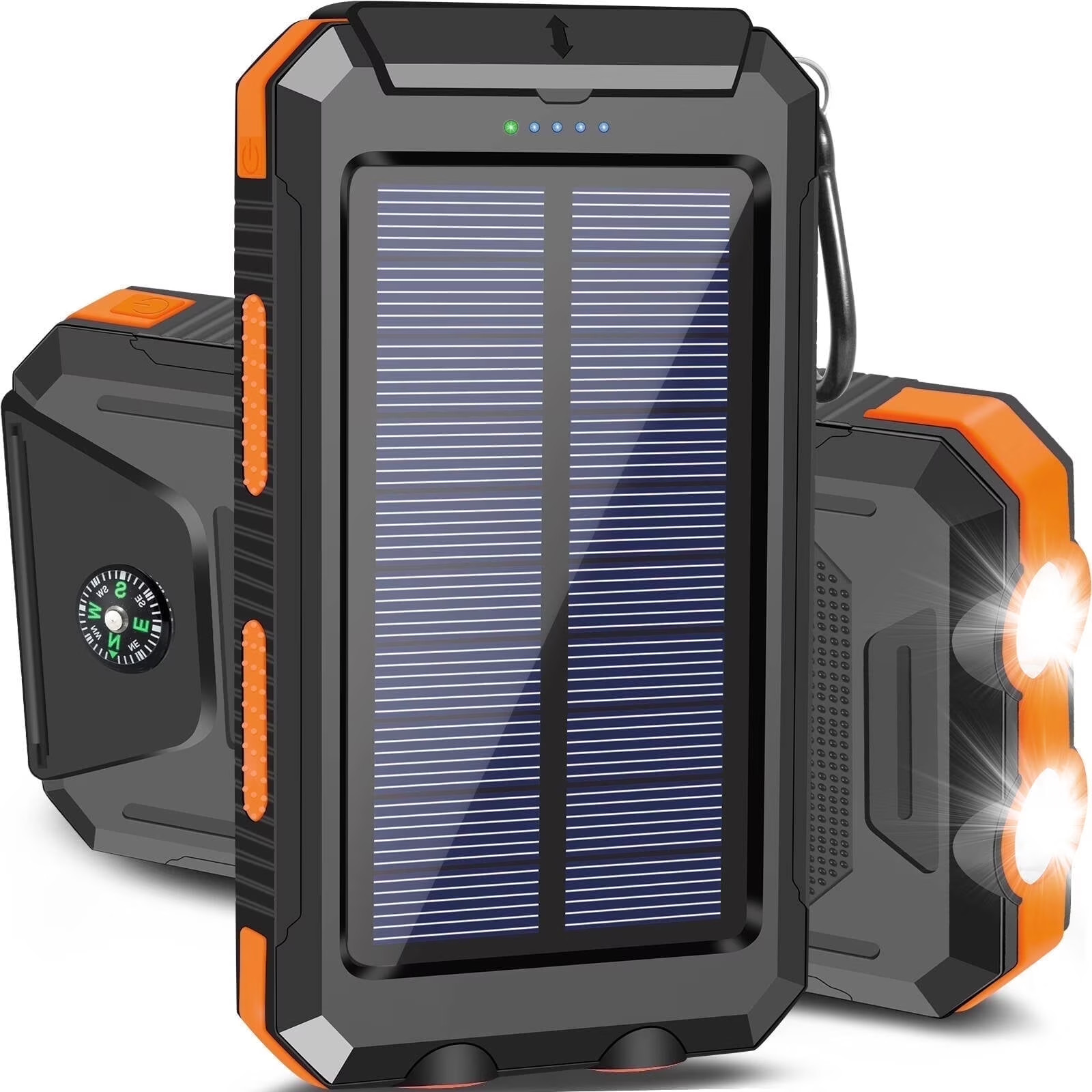 Solar Power Bank for Iphone with Dual 5V USB Ports 2 Flashlight Compass Battery