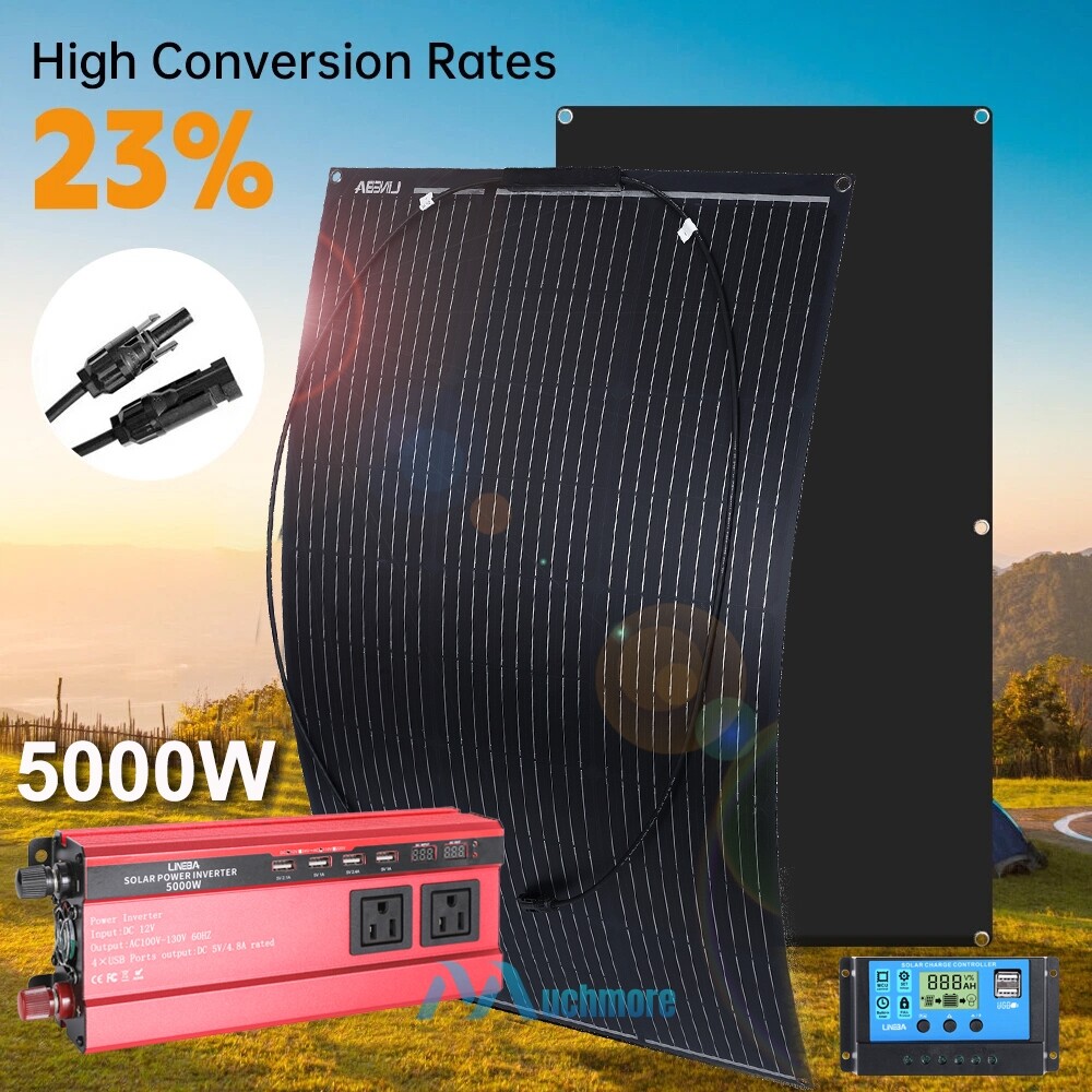 Flexible Solar Panel Kit w/ 5000W Inverter RV Boat Camping Charger Power Station