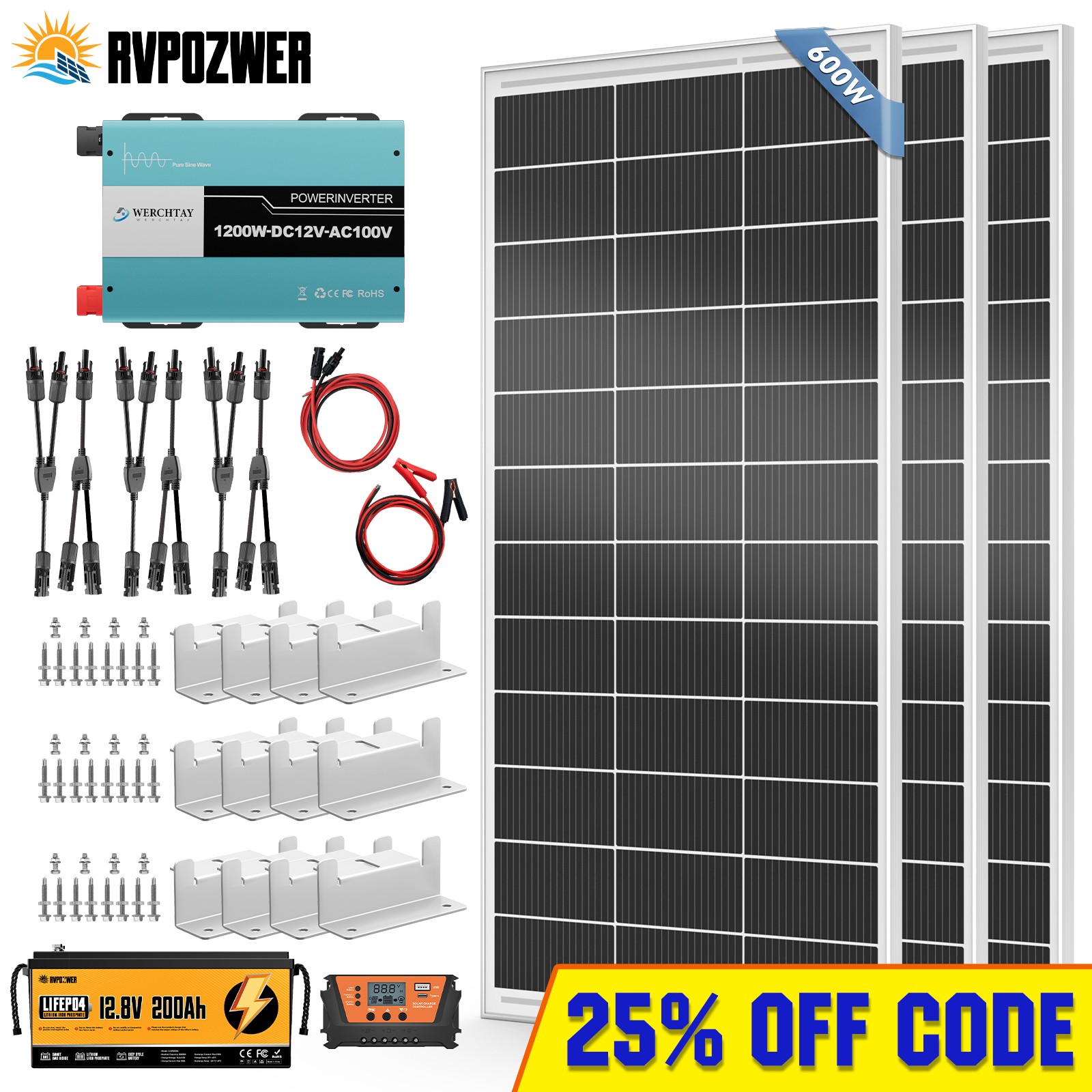 200W 400W 600W 12V Solar Panel Kit Mono Charge RV PV Home 100AH Lithium Battery