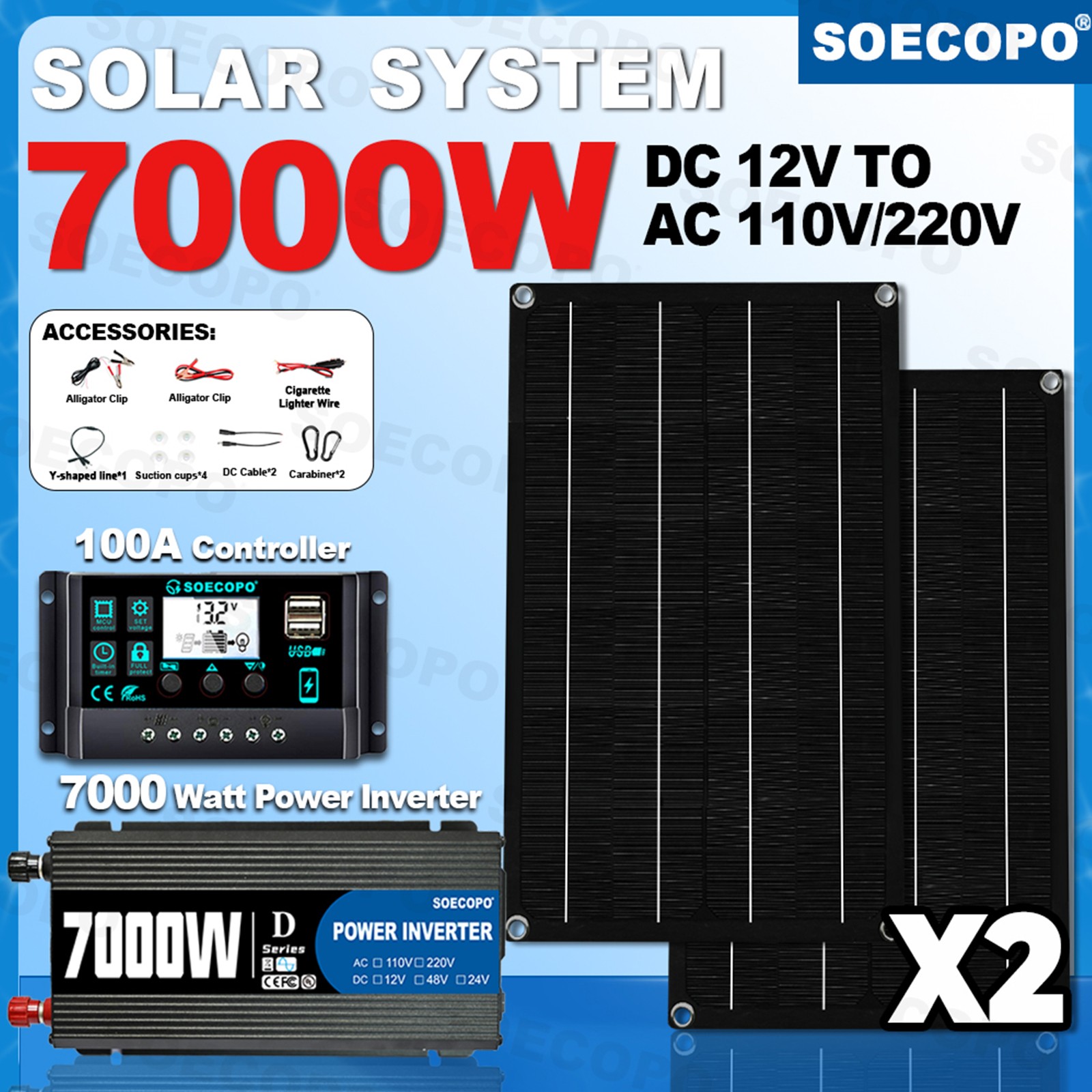 7000W Sine Wave Inverter Solar Kit | 2pcs Solar Panels + 100A Controller