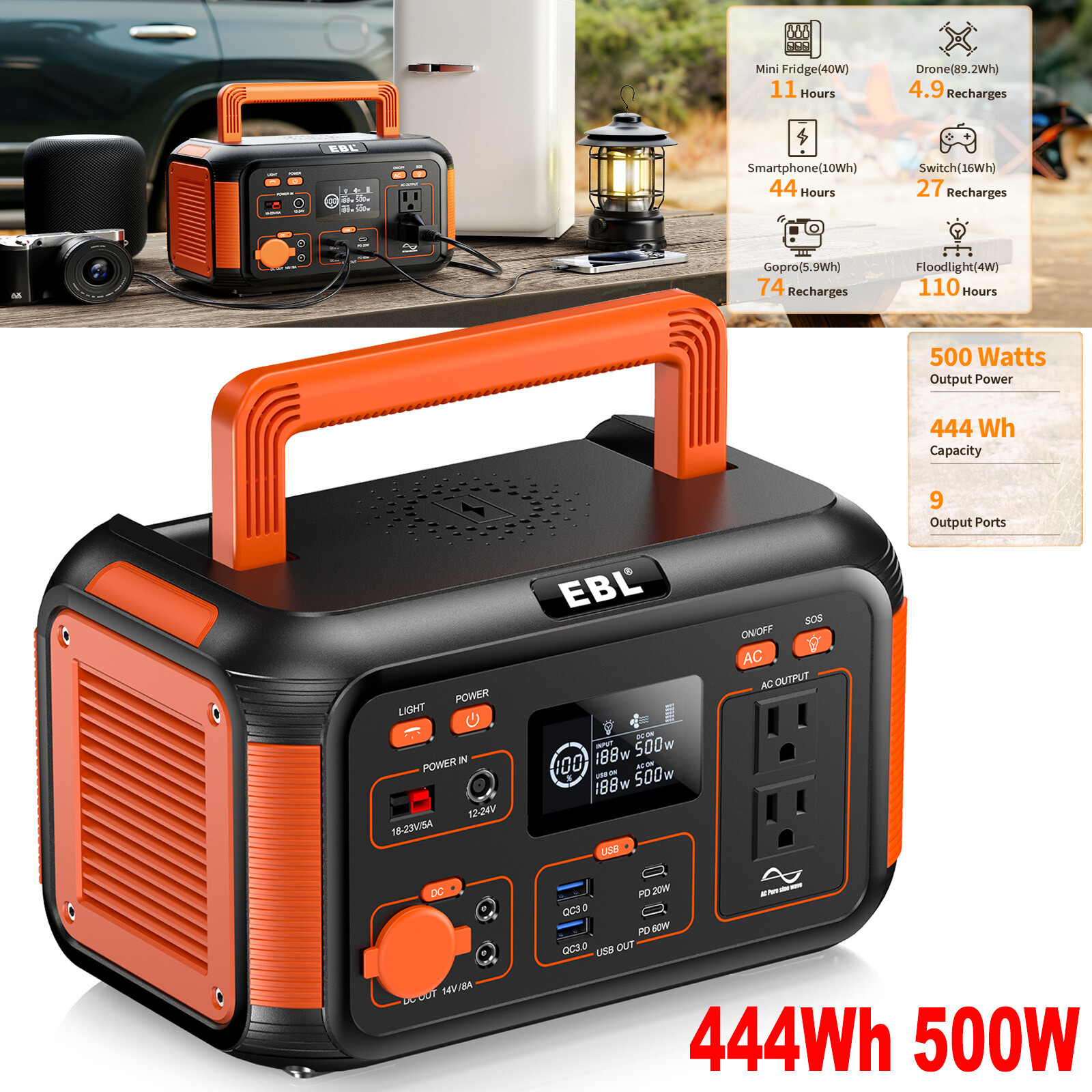 EBL 500W Power Station 444Wh Portable Solar Generator Backup Battery Camping