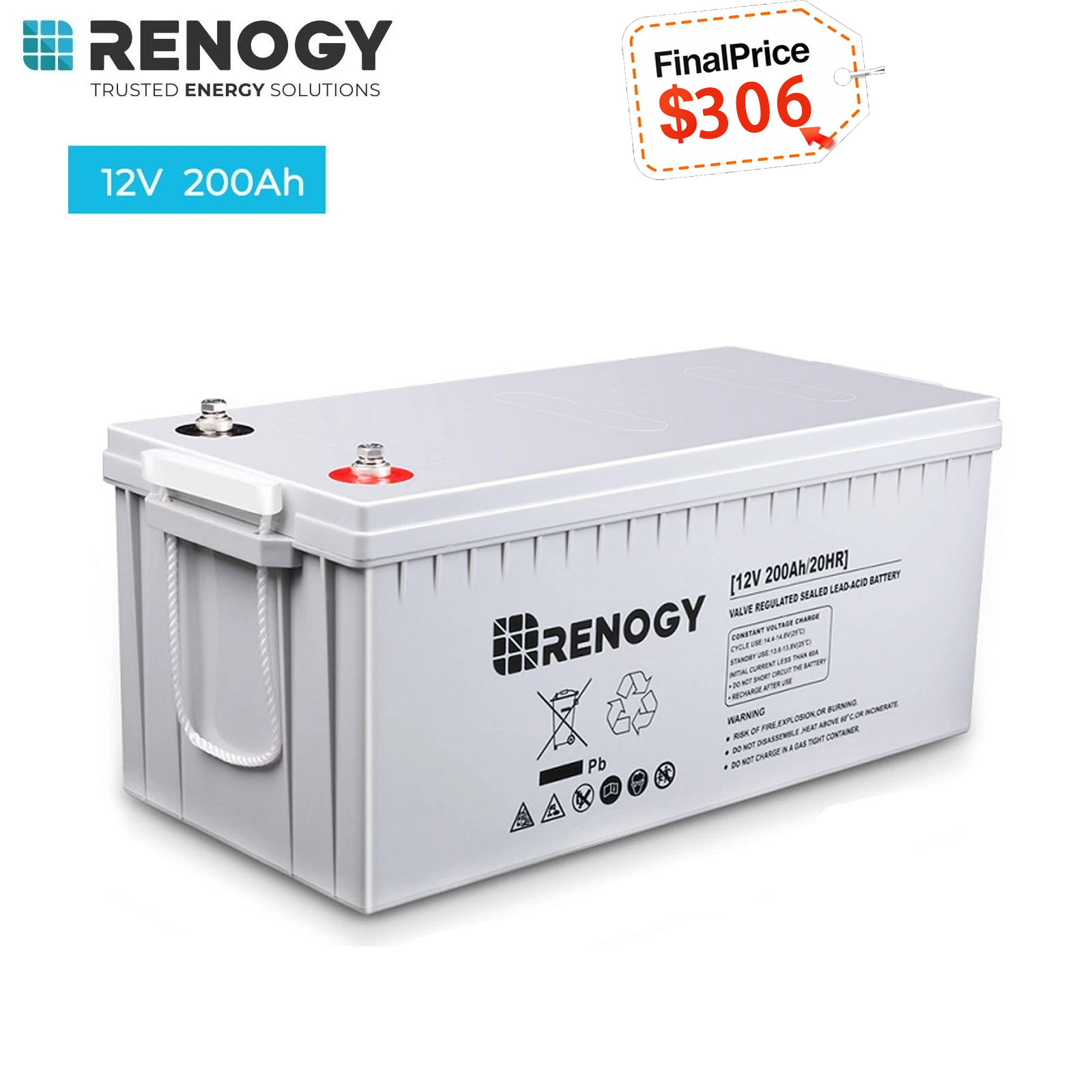 Renogy Deep Cycle AGM Battery 12 Volt 200Ah 2000A Max Discharge Current Off-Grid