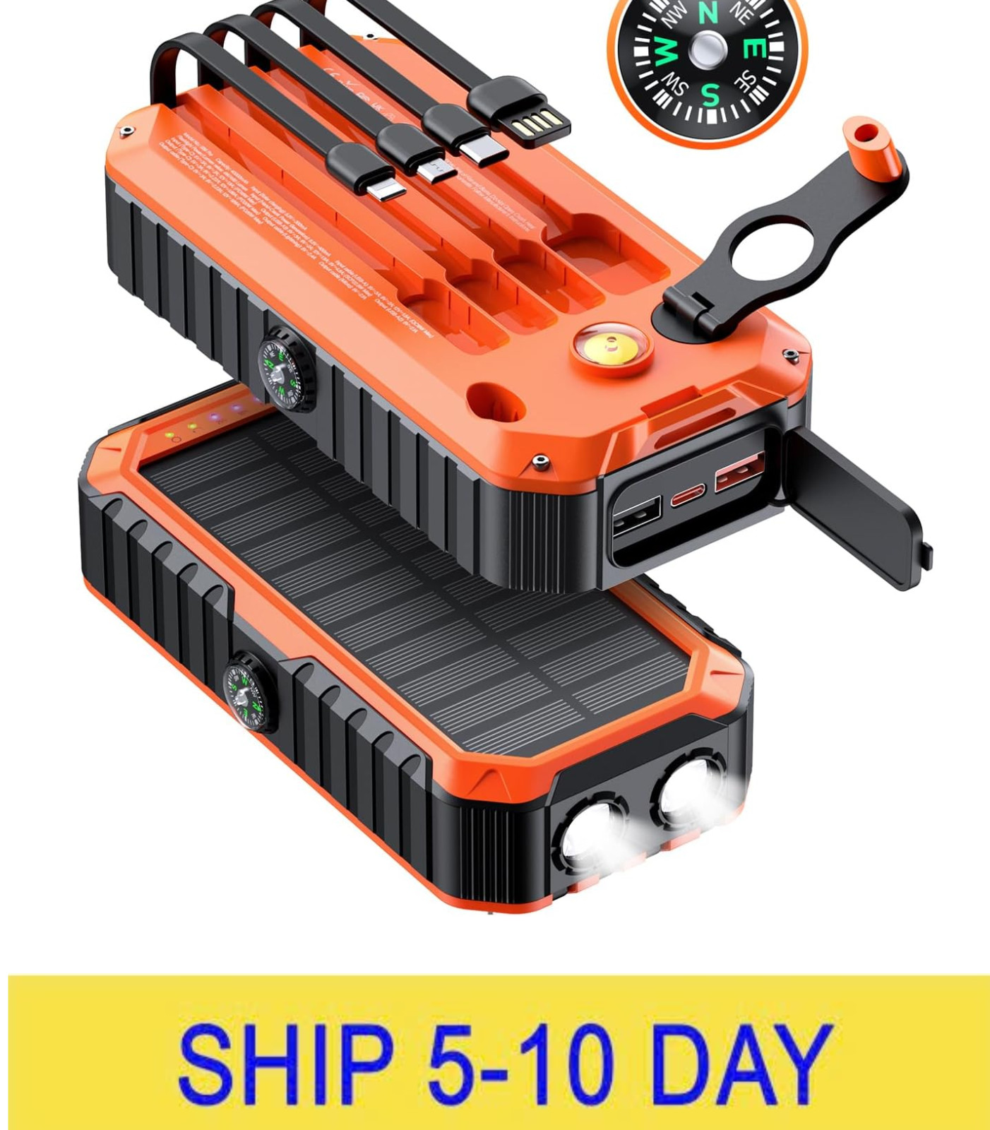 QiSa Solar Charger Power Bank 40000mAh Built in 4 Cables and Hand Crank, Portabl